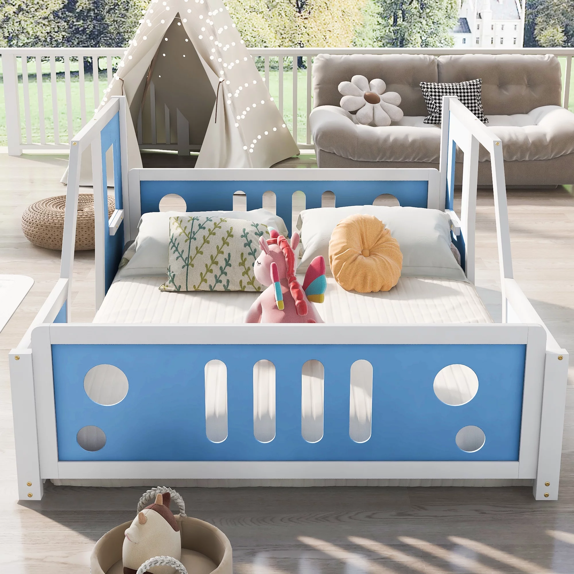 Nestfair Blue Full Size Car-Shaped Platform Bed with Wheels