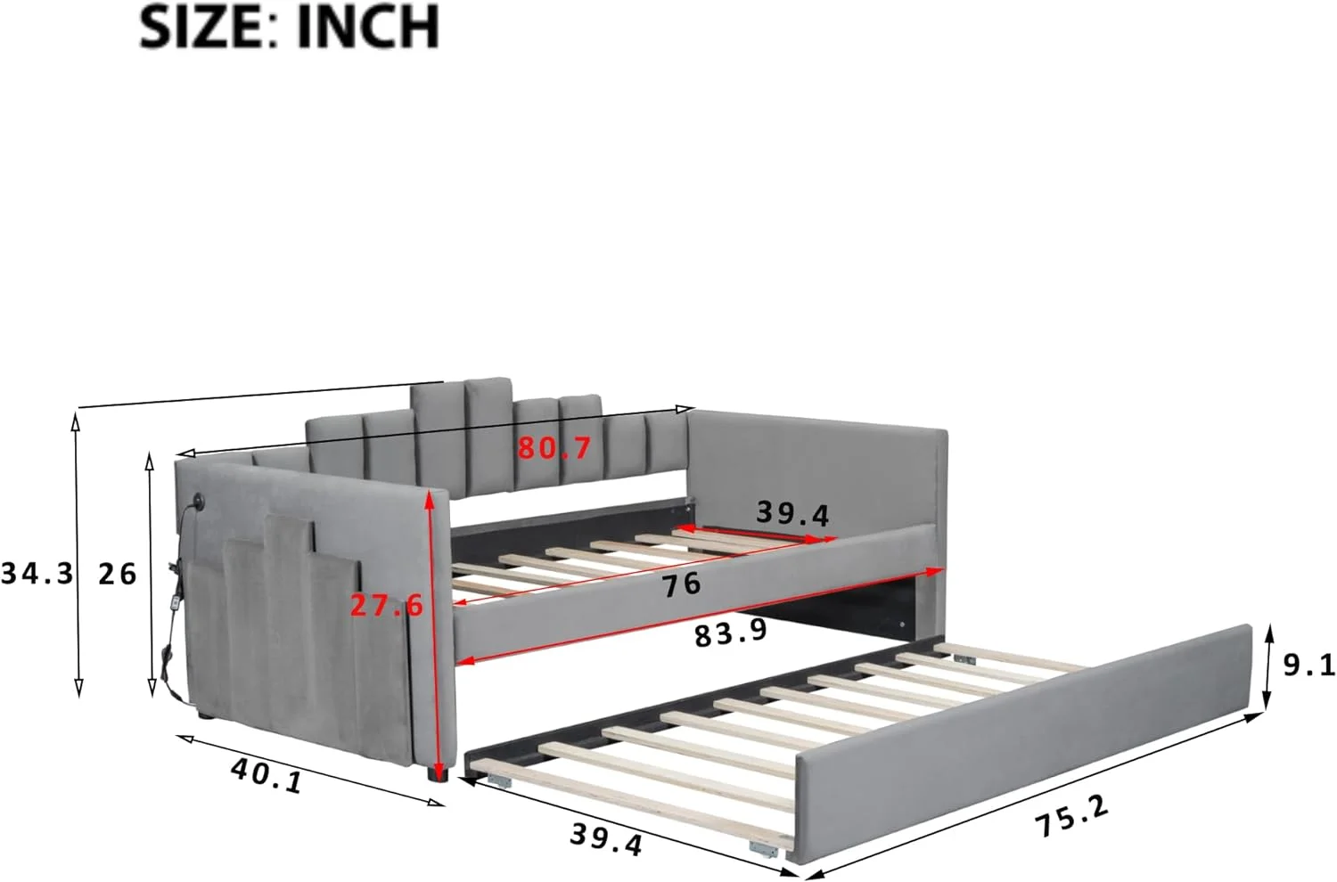 LuxyHoom Day Beds Twin Size, Velvet Modern Daybed Frame, LED Twin Bed Frames for Kids with Light, USB Port, Headboard, Wooden Slats Support, for Bedroom, Hotel, Grey