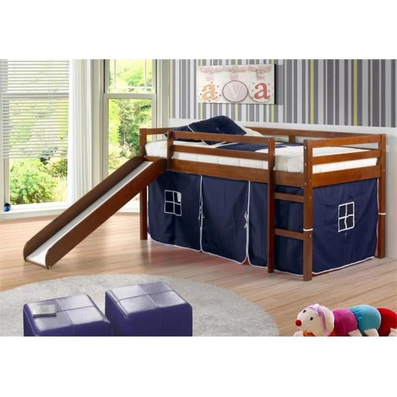 Donco Kids Twin-size Tent Loft Bed with Slide Bunk Bed Espresso Blue Tent Espresso Finish Wood Transitional N/A