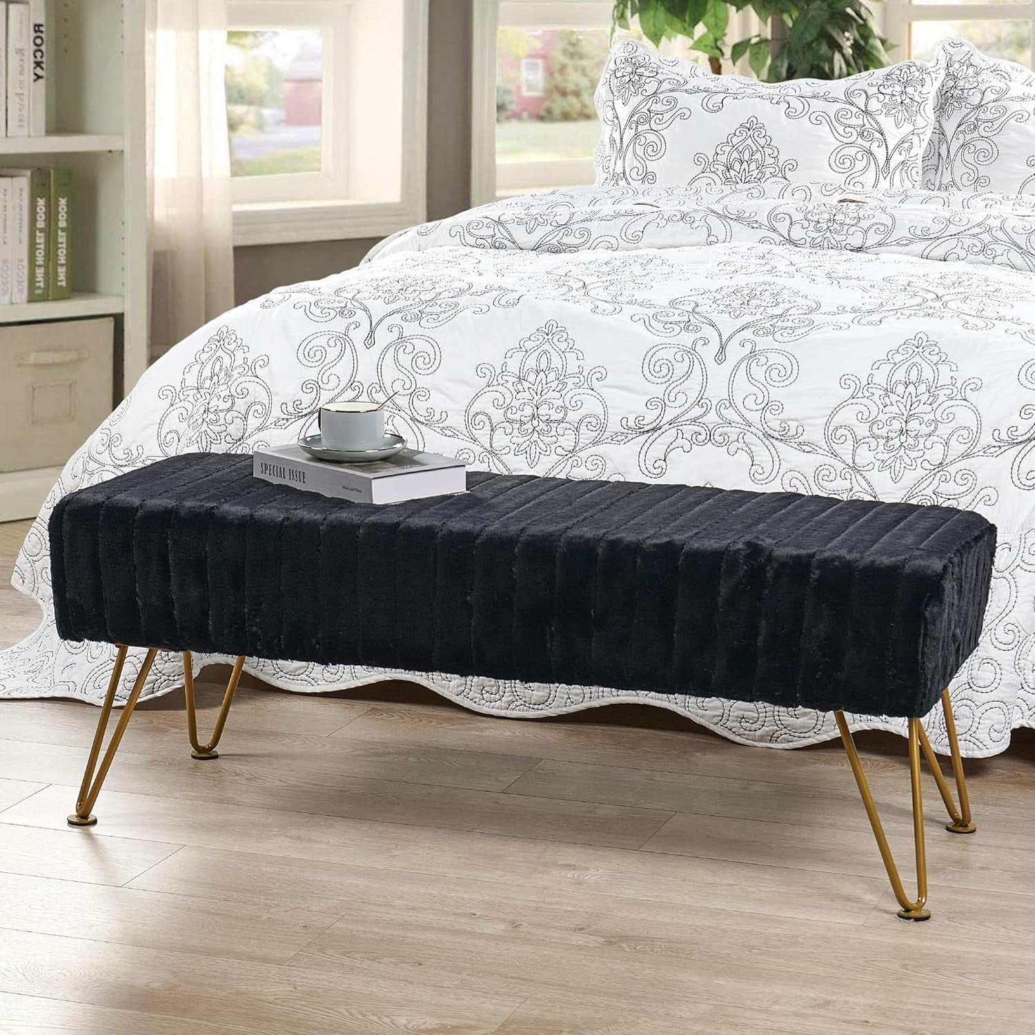 Super Mink Black Faux Fur Ottoman Bench, 46