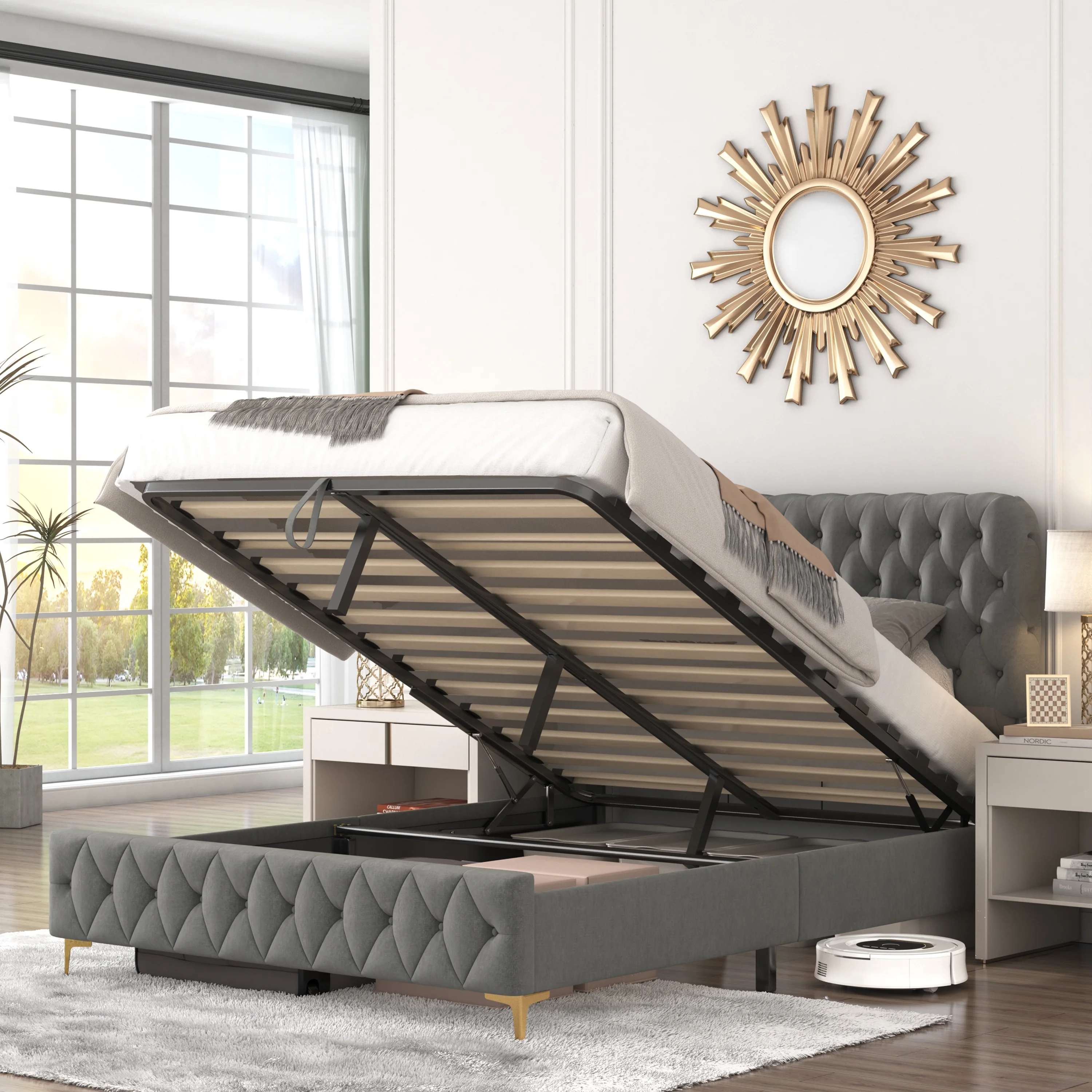 Queen Size Platform Bed Frame - Gray Velvet Upholstered Bed with Pneumatic Hydraulic Function, Deep Tufted Buttons, Lift-Up Storage, Hidden Underbed Oversized Storage