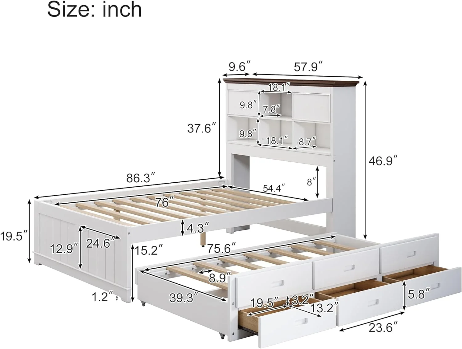 Full Platform Bed With Size Trudle Ad 3 Storage Drawers, Full Captai Bed With Bookcase Headboard, Full Storage Bed Frame For Livig Room Bedrooms, o Box Sprig eeded,White+Walut