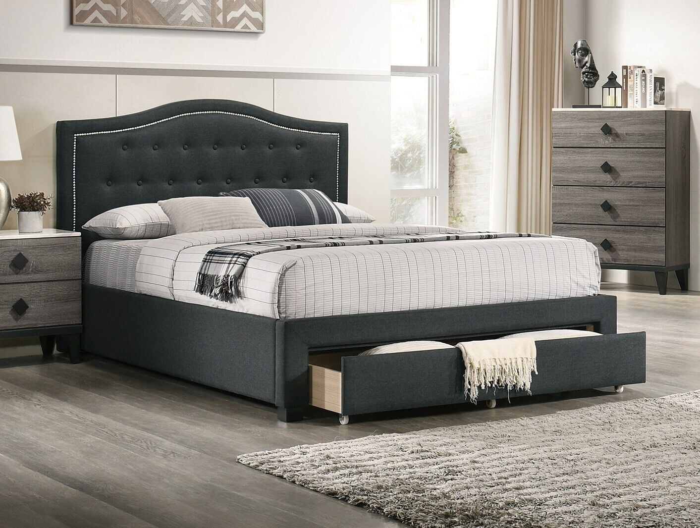 Charcoal Burlap Fabric Tufted Headboard Storage Footboard Full Size Bed 1pc Bedroom Furniture Particle Board