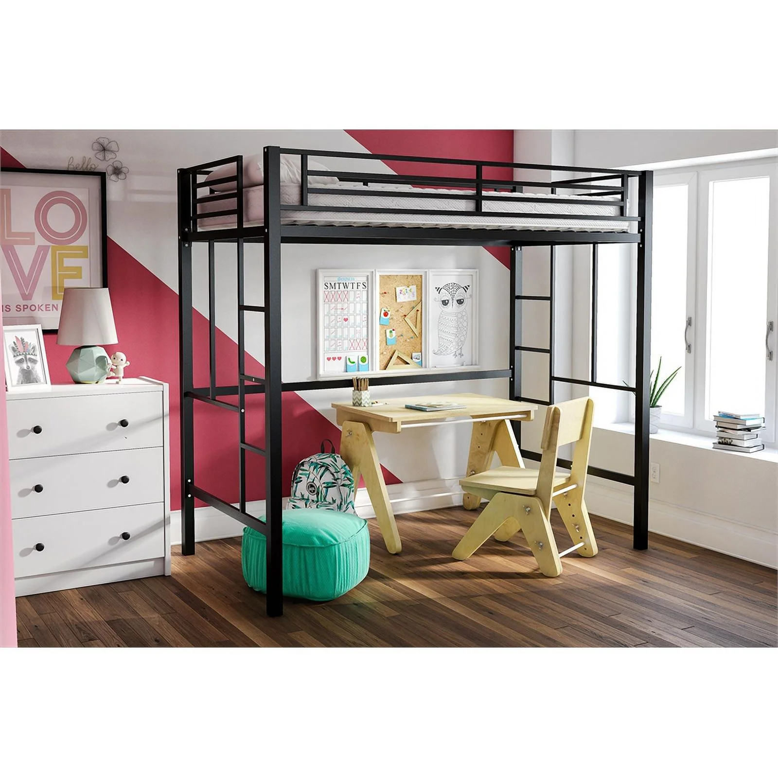 Pemberly Row Modern / Contemporary Twin Metal Loft Bed in Black