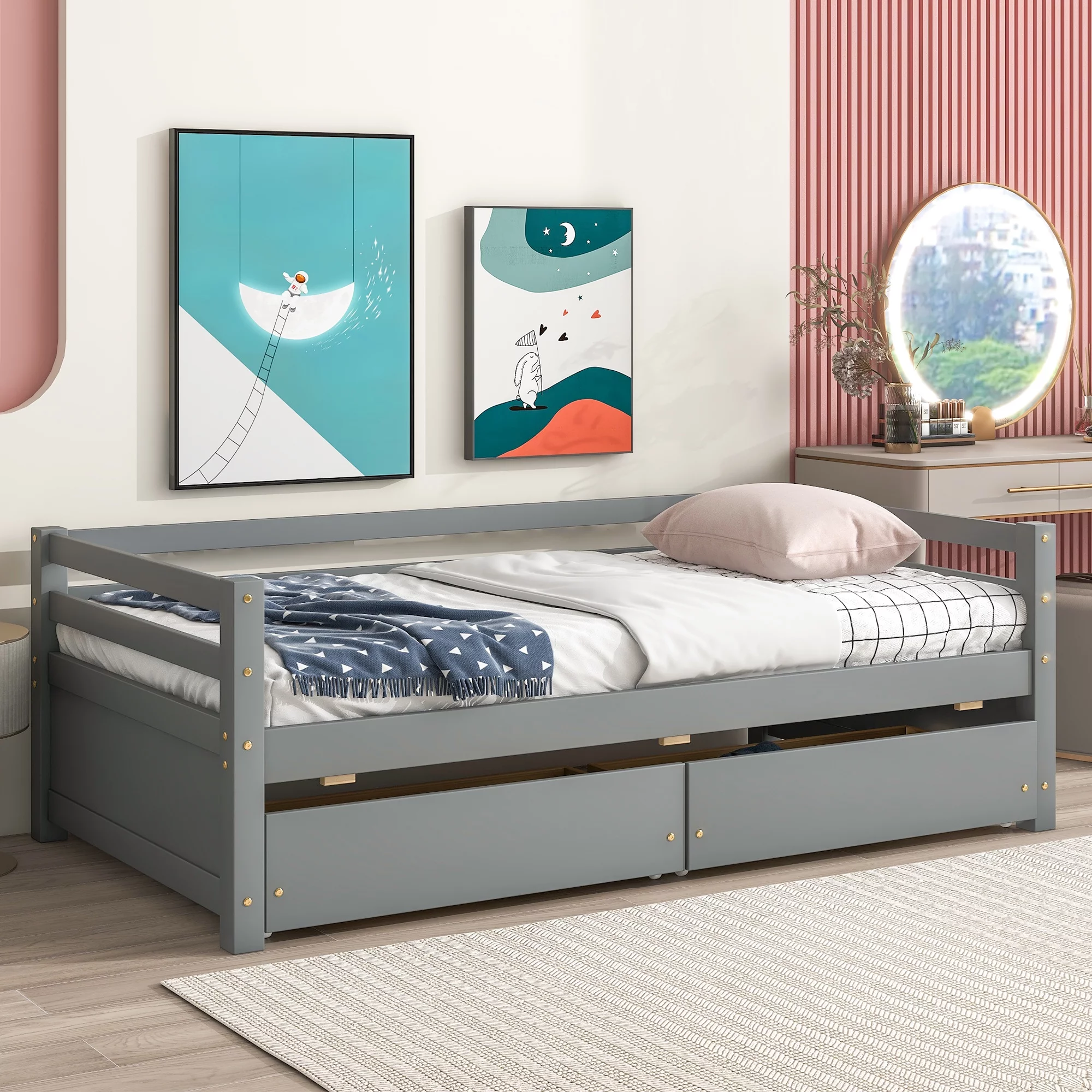 Royard Oaktree Twin Size Daybed with Two Storage Drawers Wood Sofa Bed with Guard Rail and Slats for Bedroom, Living Room, No Box Spring Needed, Grey