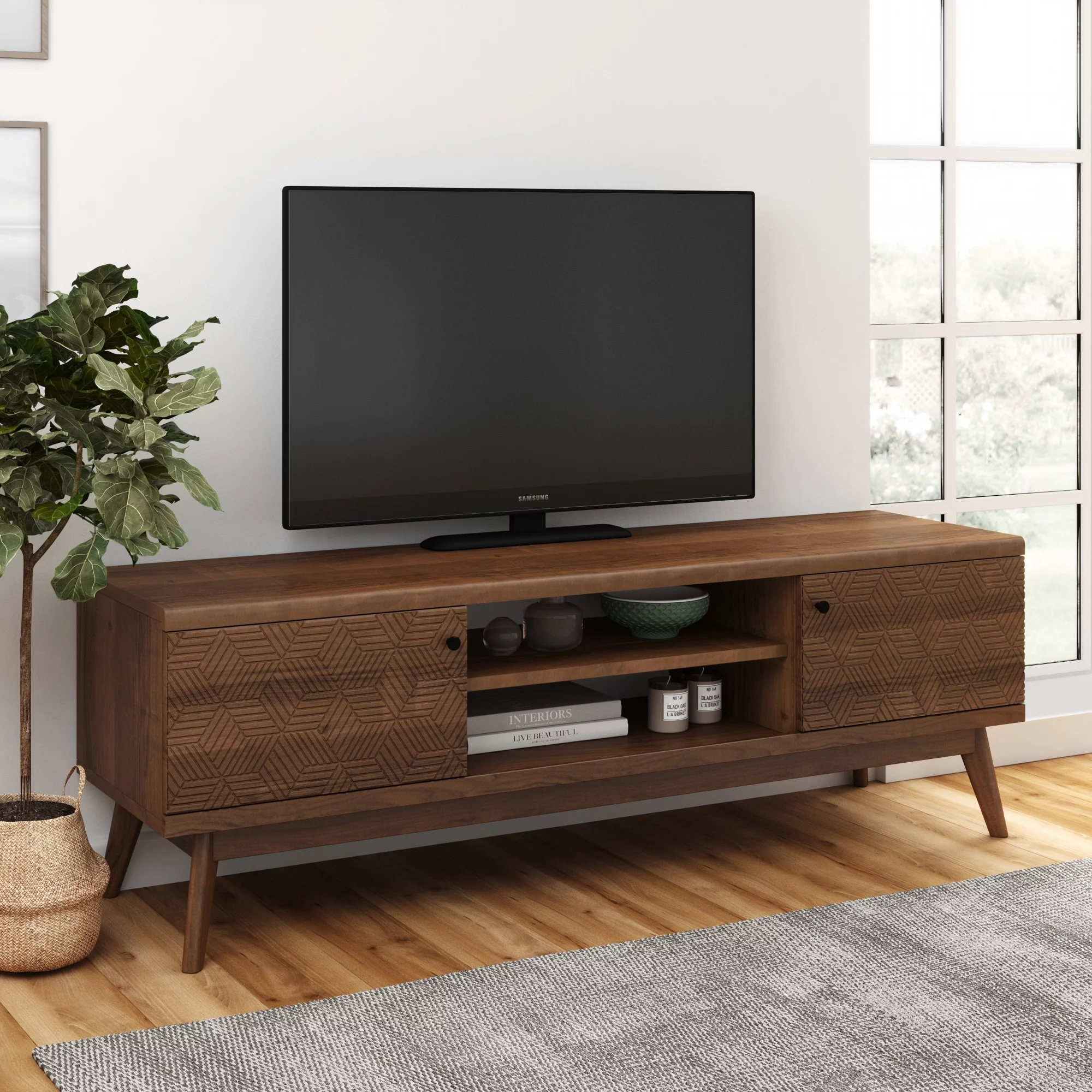 TV 1500 Walnut Brown Living Skog Mid-century TV Stand for TV's up to 65'' Brown Walnut Finish MDF Mid-Century Modern TV Stands