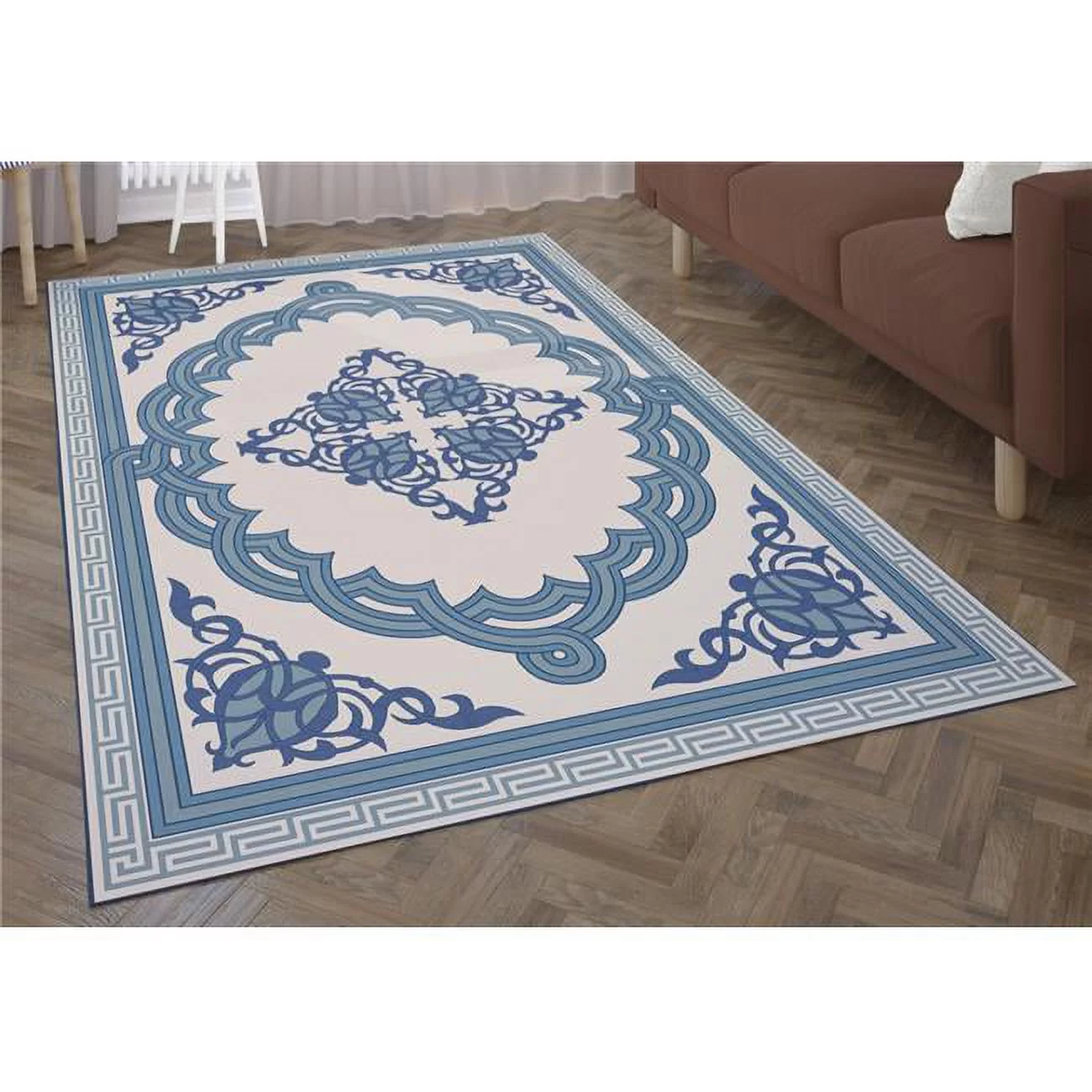 Deerlux Transitional Living Room Area Rug with Nonslip Backing, Blue Medallion Pattern, 9 x12 ft Extra Large