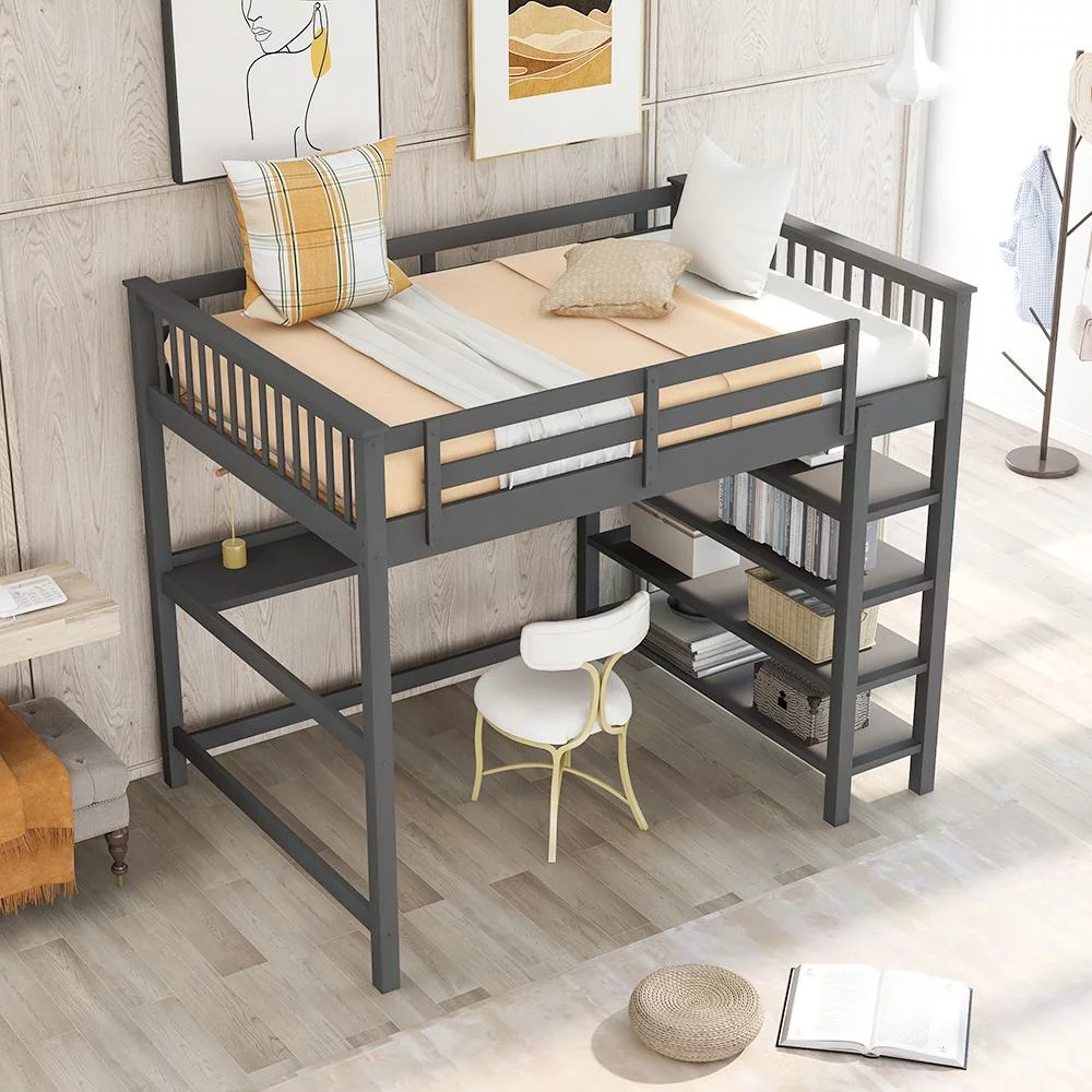 CHURANTY Full Size Rubber Wooden Loft Bed, Space-Saving Loft Bed Frame with Storage Shelves and Under-Bed Desk for Study