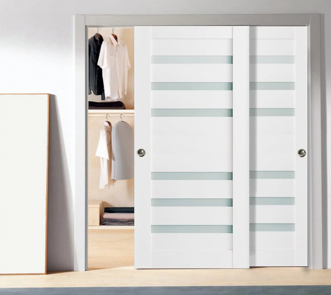 Sliding Closet Frosted Glass Bypass Doors 72 x 96 inches | Quadro 4266 White Silk | Sturdy Top Mount Rails Moldings Trims Hardware Set | Wood Solid Bedroom Wardrobe Doors