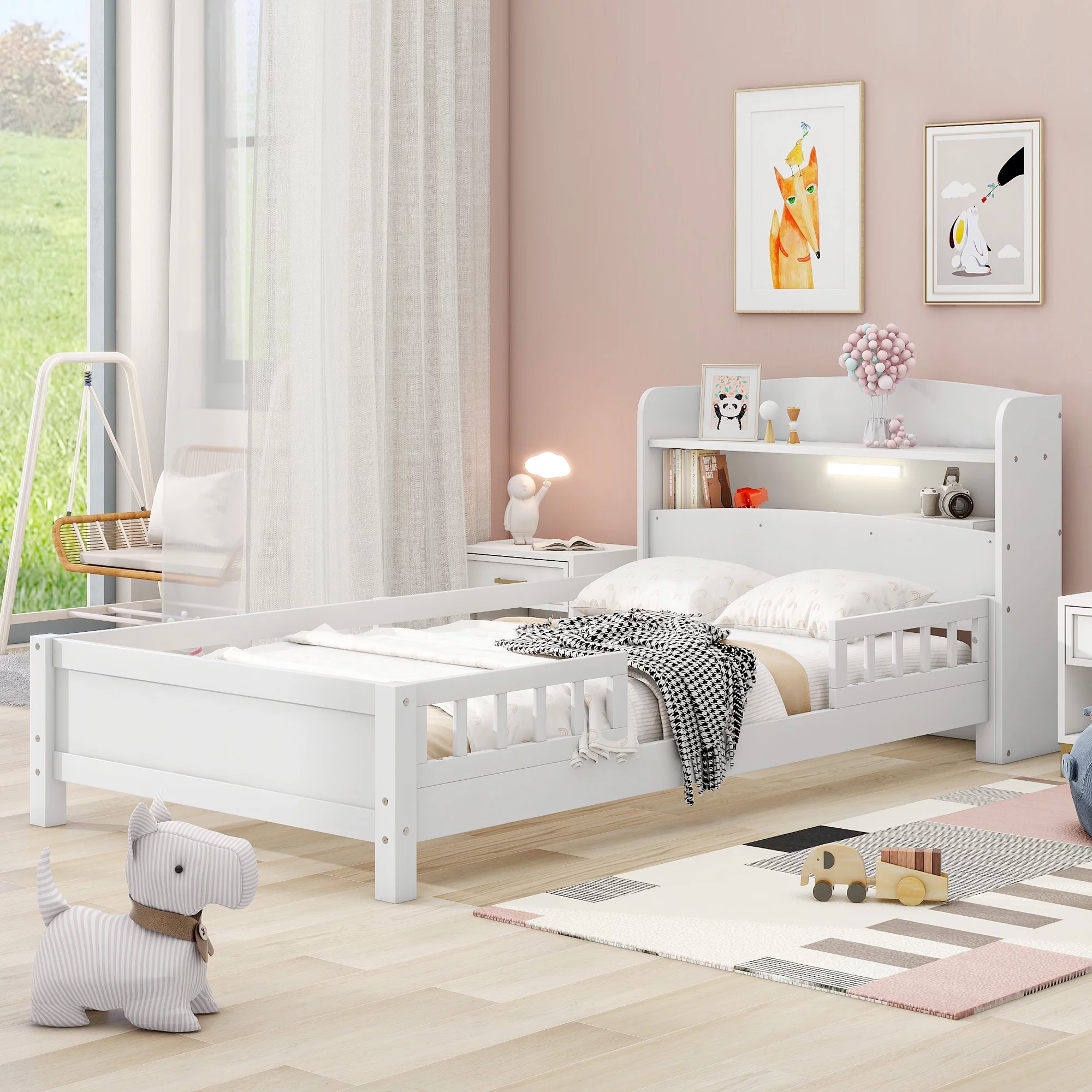 Bed Frame Wood Platform Bed with Built-in LED Light, Storage Headboard and Guardrail, Wood Slat Support Bedframe No Box Spring Need Mattress Foundation(White, Twin)