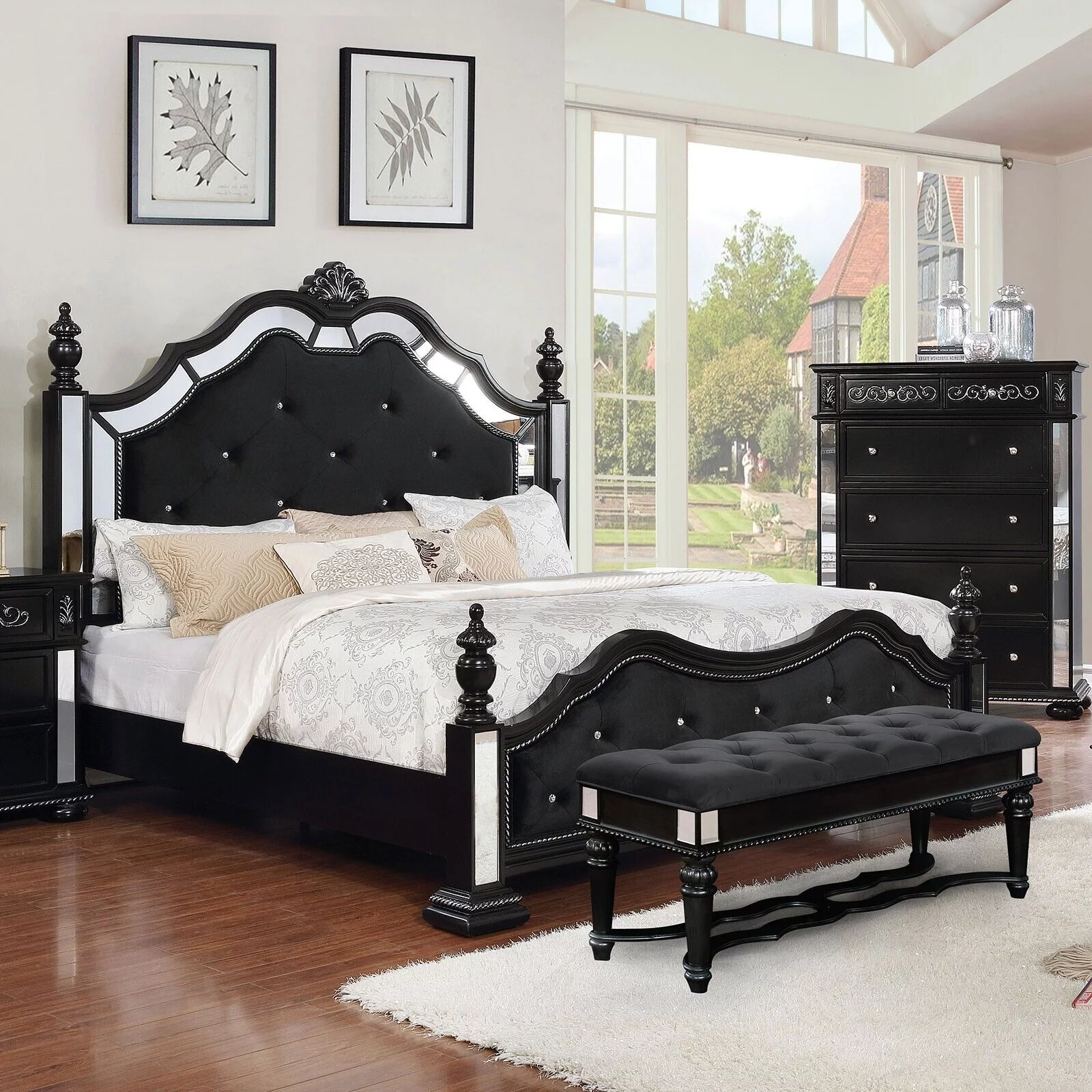 Est King Size Bed Mirror Trim Tufted Padded HB FB Posts Black Fabric 1pc Bed Frame Formal Bedroom Furniture Faux Wood Carving