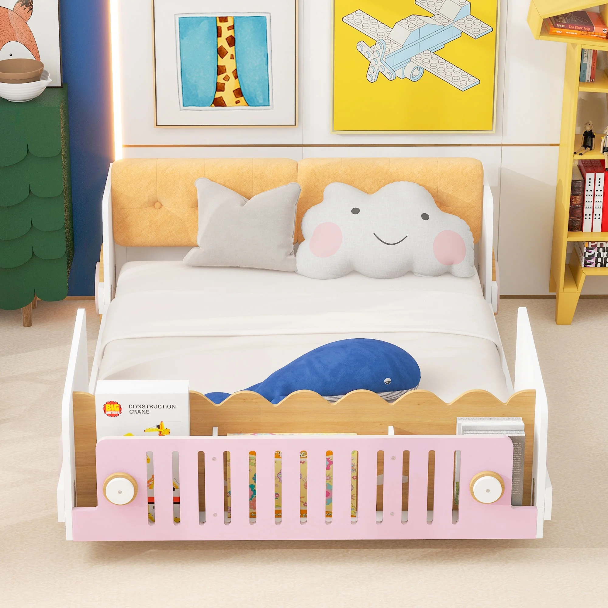 Euroco Full Size Car-Shaped Platform Bed with Storage Shelf and 2 Cushions for Kids Bedroom