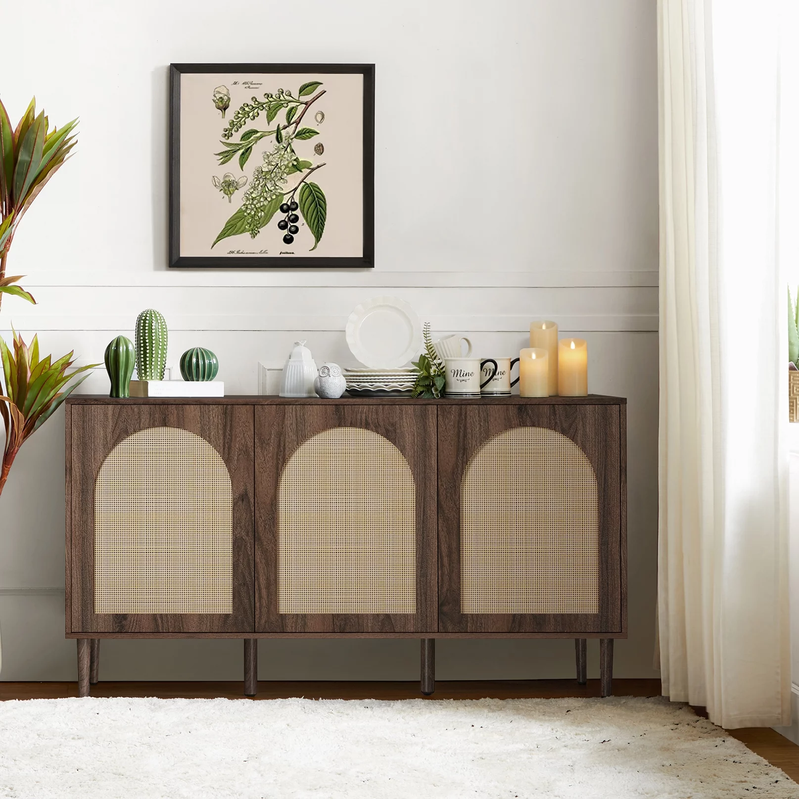 56'' Wood Rattan Arched 3 Doors Sideboard Buffet Cabinet Storage Credenza TV Stand Dining Metal Legs Home Kitchen Living Room Walnut
