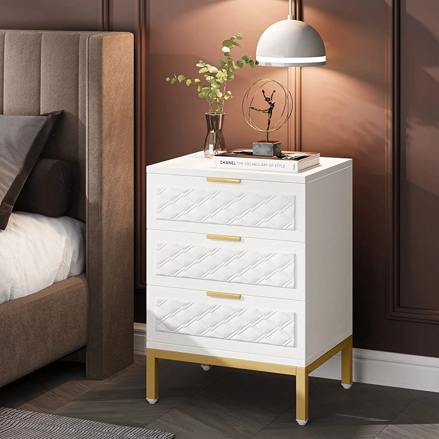 Tribesigns 3 Drawer Nightstand Set of 2, Modern Bedside Table End Table with Golden Legs for Bedroom, Living Room, White and Gold