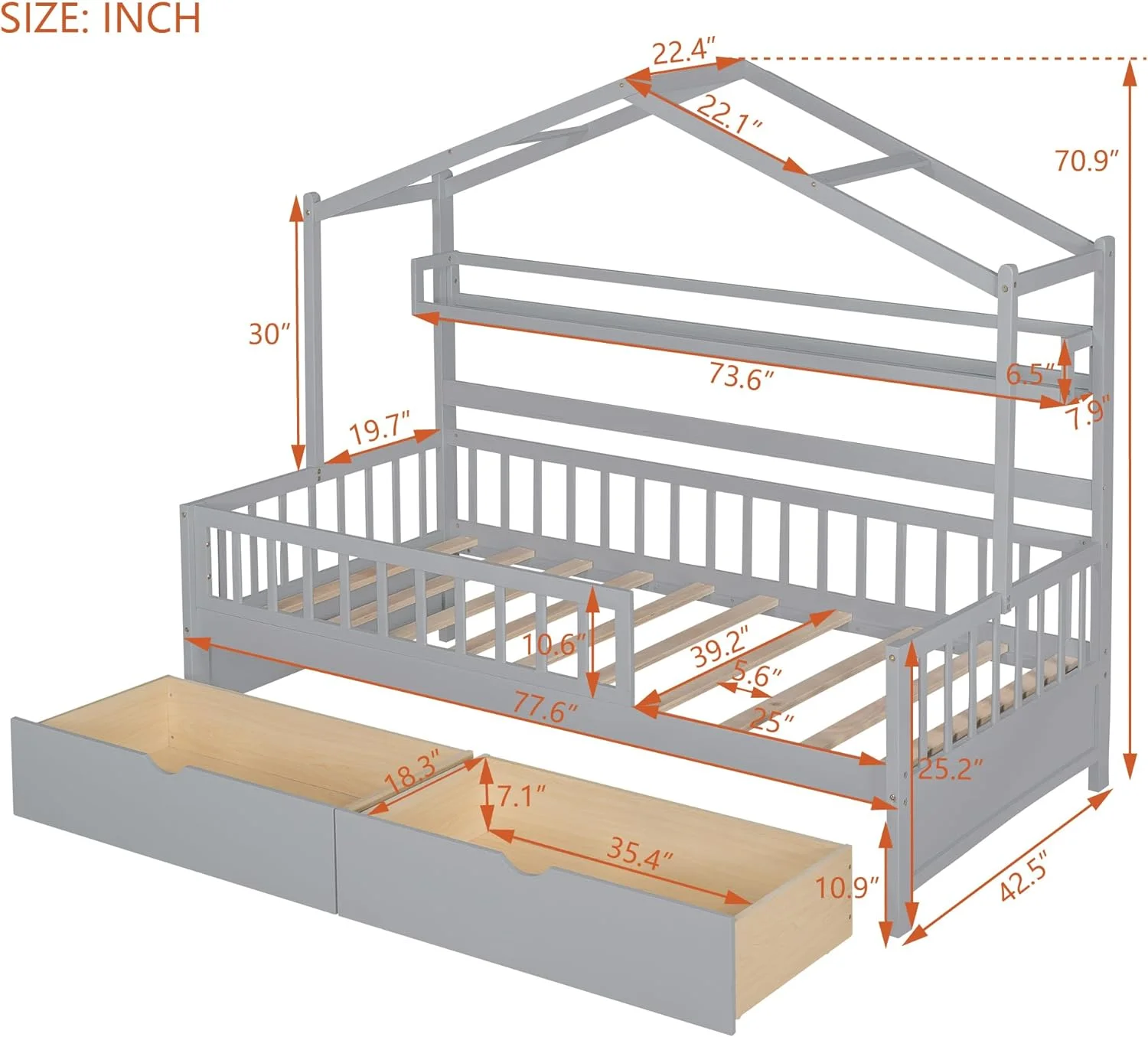 Woode Size House Bed With Storage Shelf Ad Fece, Daybed Platform Frame With 2 Drawers,Gray