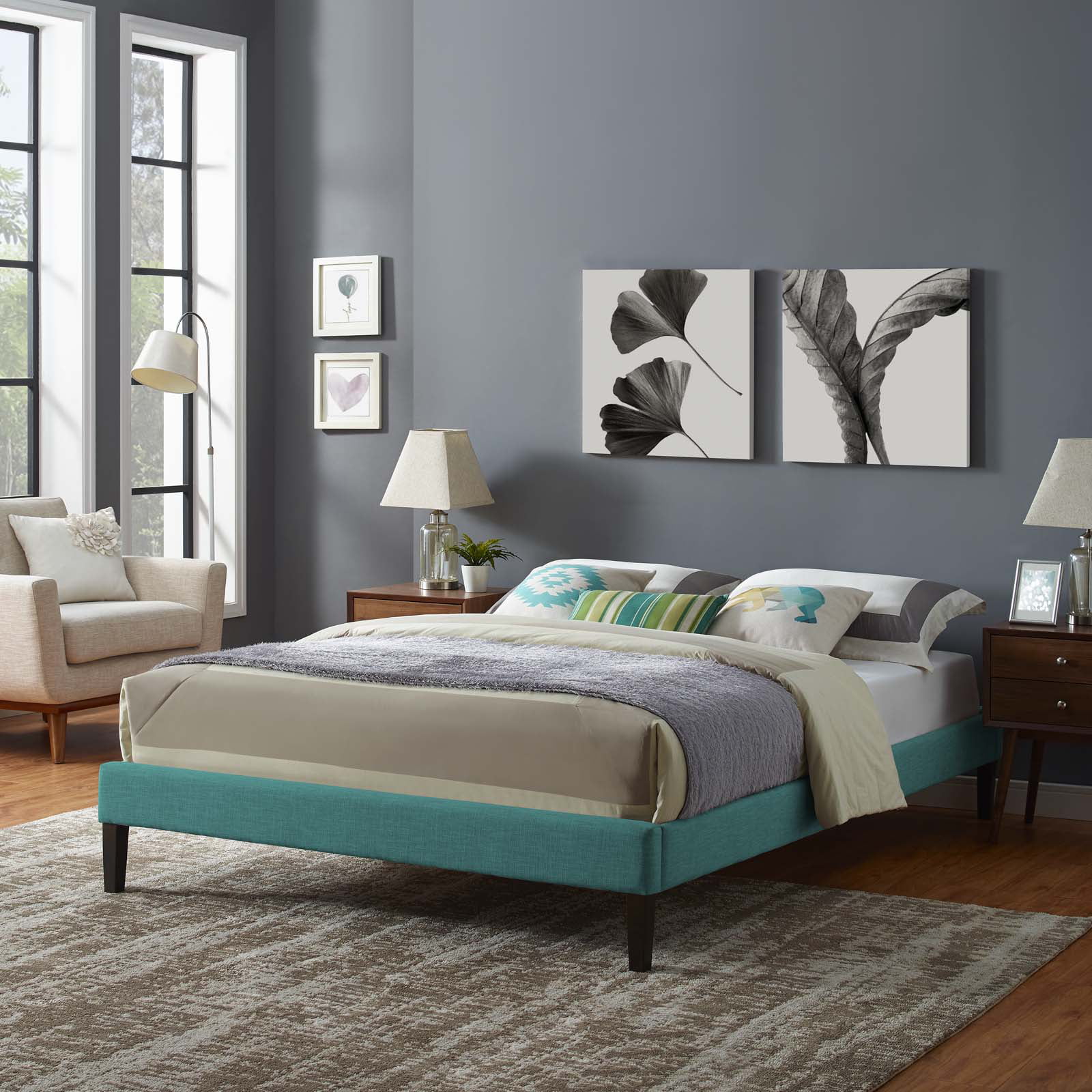 Modern Contemporary Urban Design Bedroom King Size Platform Bed Frame, Fabric, Aqua Blue
