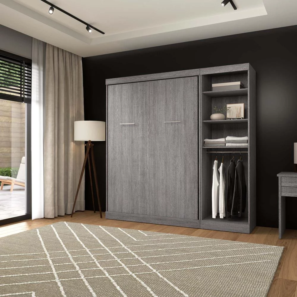 Bestar Nebula Engineered Wood Full Murphy Bed with Closet Organizer in Bark Gray