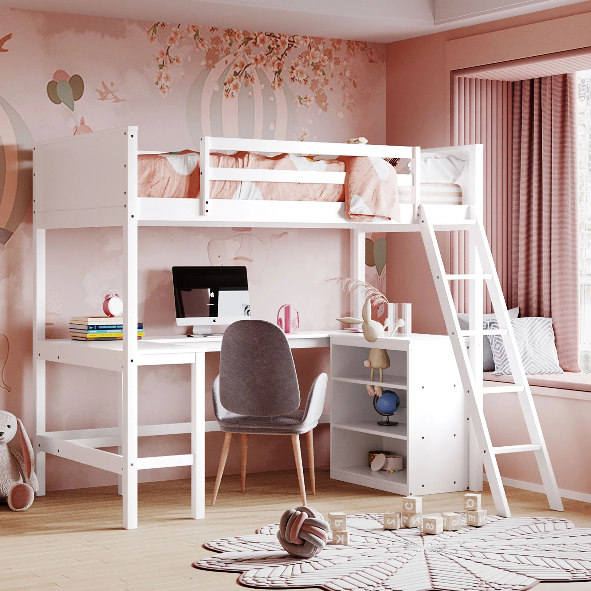 paproos Twin Size Wood Loft Bed, White Wood Loft Bed with Desk, No Box Spring Needed, Space Saving Design, Perfect for Dorm, Bedroom, Guest Room
