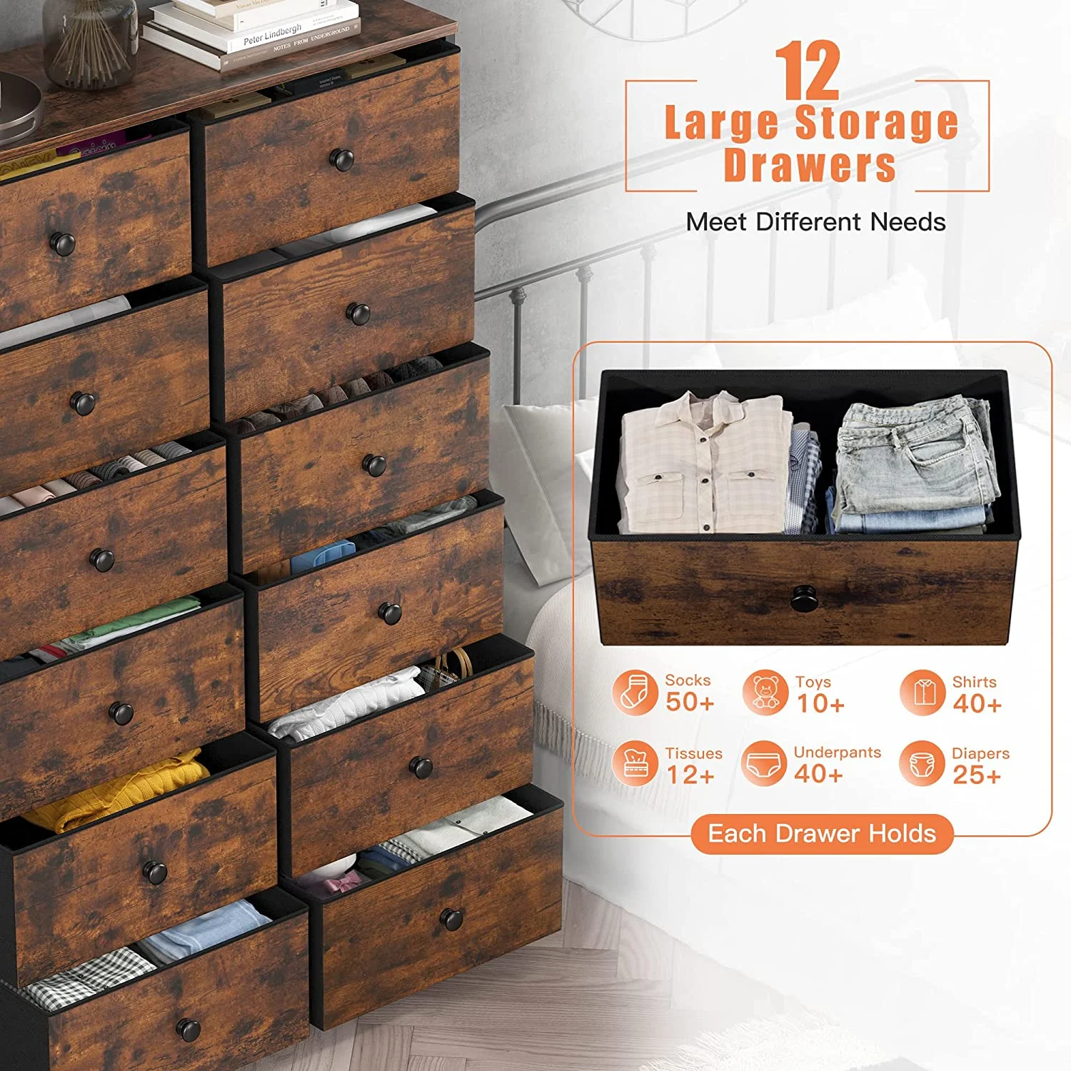 12 Drawer Dresser, Tall Dressers for Bedroom with Wooden Top and Metal Frame, Rustic Brown& Chest of Drawers for Bedroom, Closet Living Room, Black Grey, 11.9