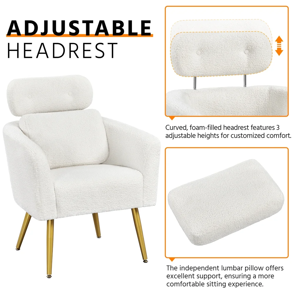 Topeakmart Boucle Accent Chair with Adjustable Headrest & Lumbar Pillow for Living Room, White