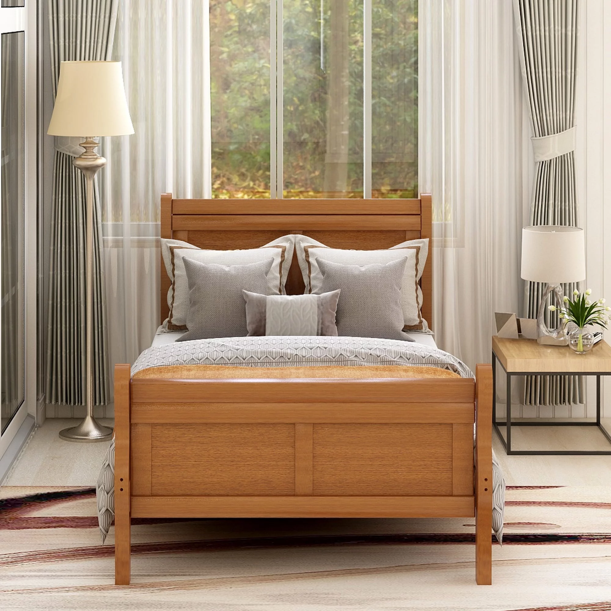 Wood Twin Bed Frame with Headboard/Footboard/ Panel Bed / Mattress Foundation Wooden Slat Support /No Box Spring Needed Platform Bed for Kids, Teens, Twin