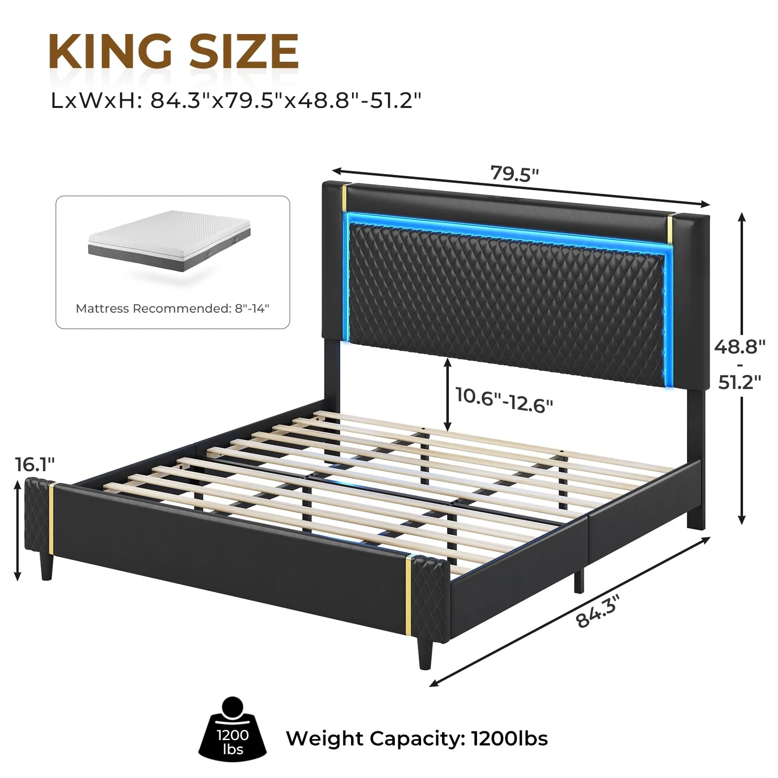 King Size Bed Frame with LED Lights&Type-C&USB&Adjustable Headboard,Upholstered Platform Bed Frame for Bedroom,No Box Spring Needed, Black