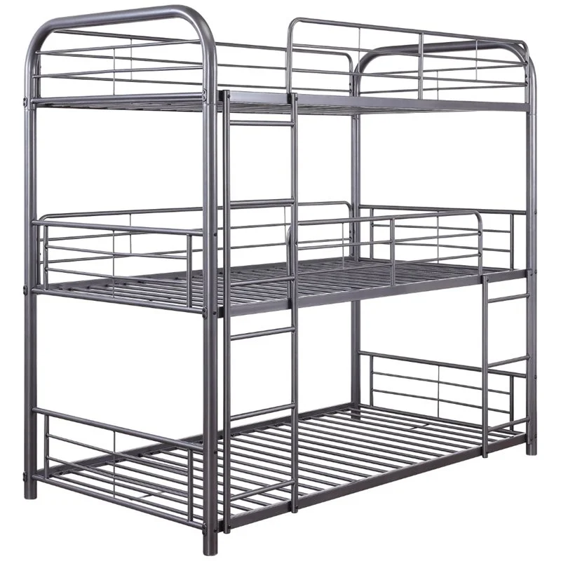 Pemberly Row Industrial Metal Triple Twin Bunk Bed in Gunmetal