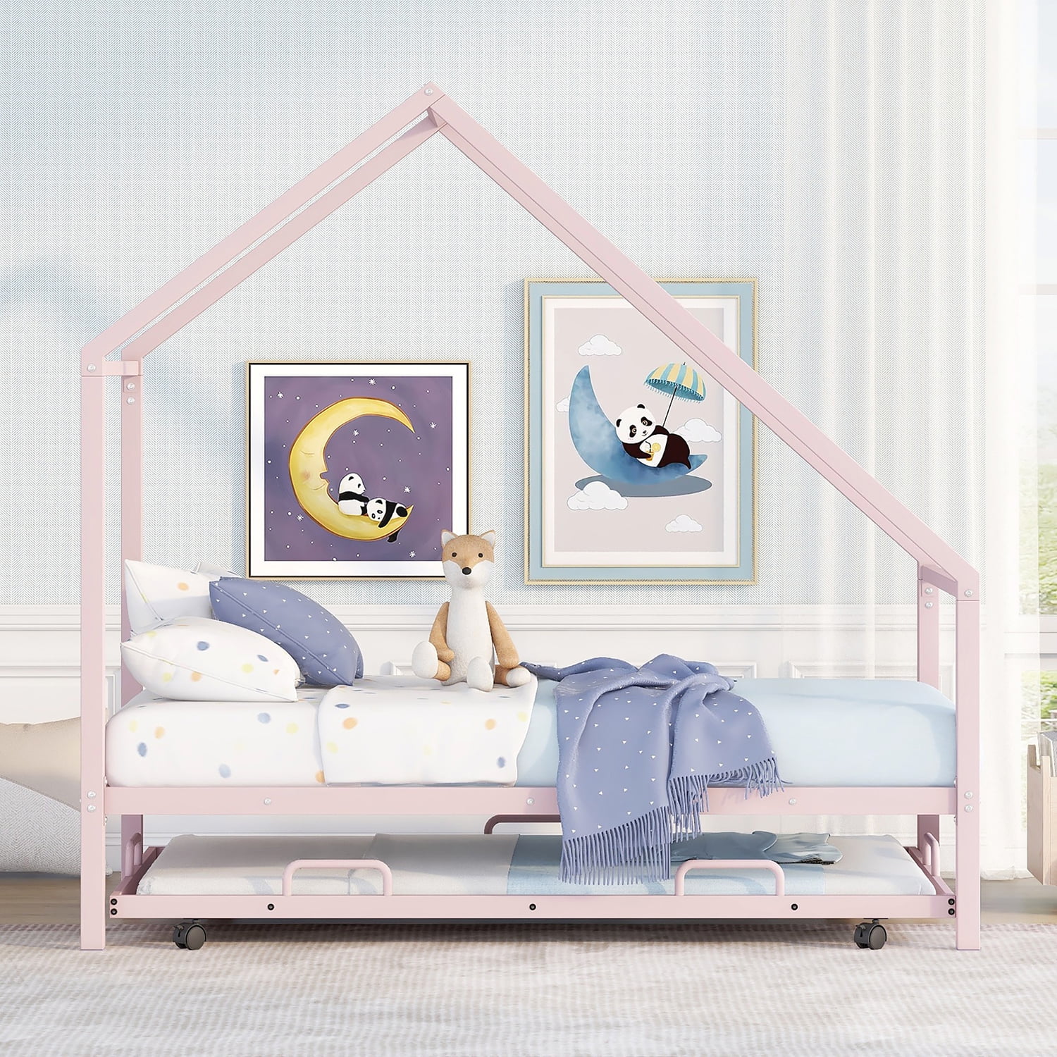Churanty Twin Size Metal House Bed with Trundle, Metal Bed Frame for Girls Boys Teens,Pink