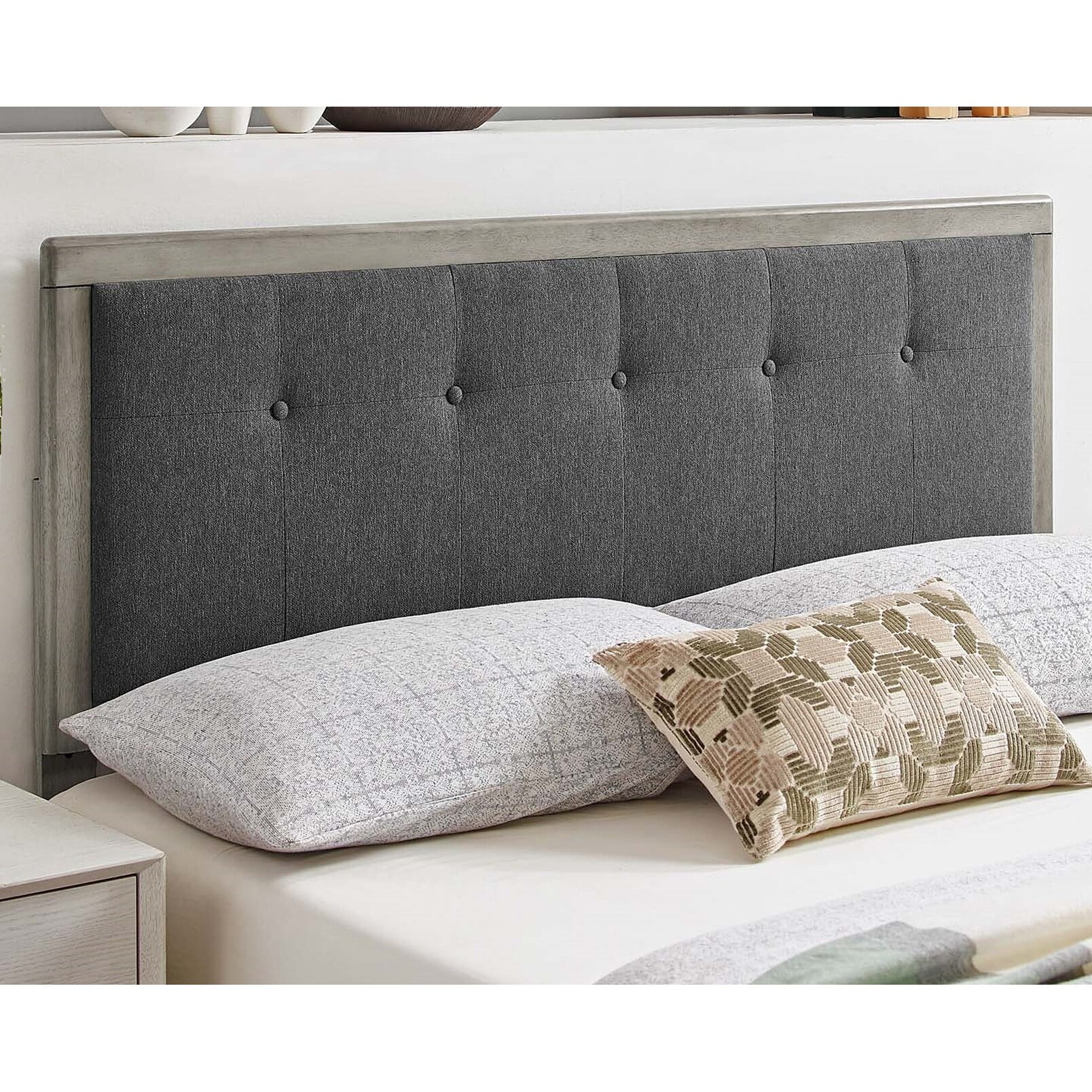 BSD National Supplies Marlin Traditional Charcoal Fabric Button Tufted Queen Size Grey Wooden Headboard