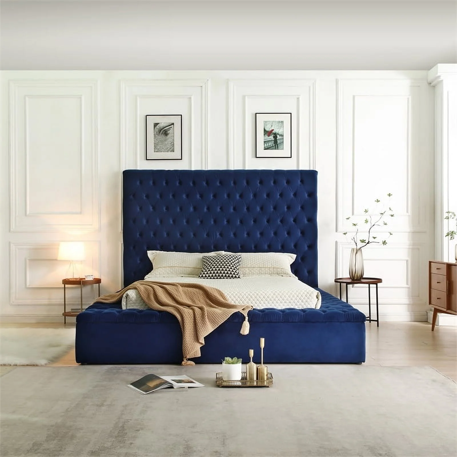 Pemberly Row Contemporary Velvet Upholstered Platform Queen Bed in Blue