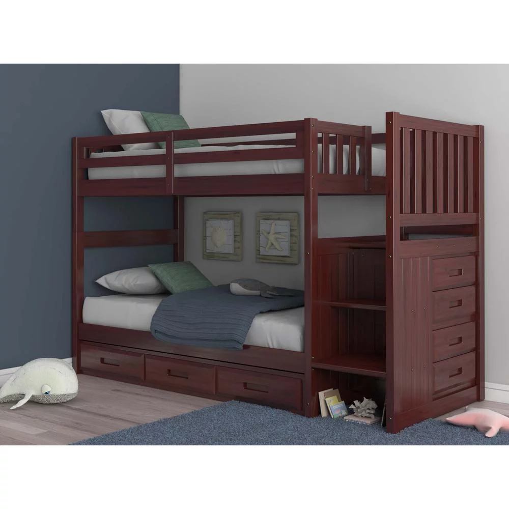 Solid Pine Staircase Twin over Twin Bunk Bed with Seven Drawers in Rich Merlot.