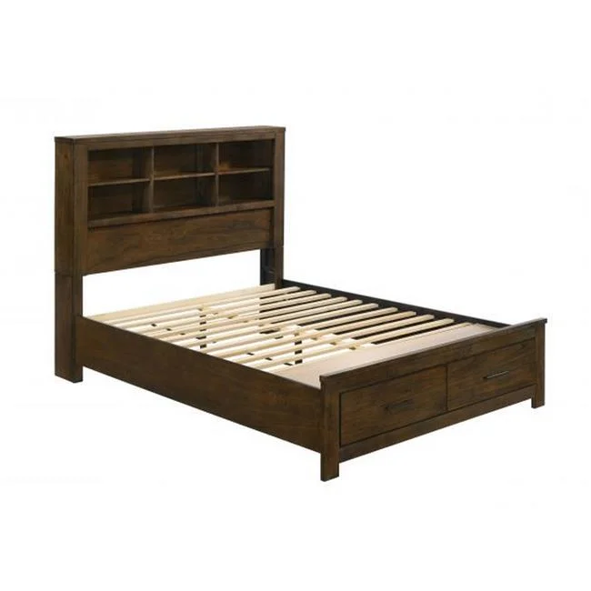 Benjara Maryl Queen Bed with Bookcase Headboard Solid Wood Bed, Oak & Brown Finish - Queen Size