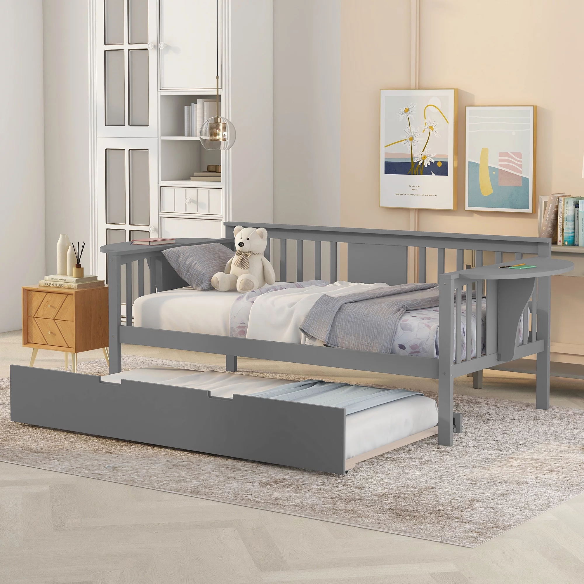 Bellemave Twin Size Daybed with Trundle and Foldable Side Shelves, Wood Day Bed Sofa Bed for Living Room, Guest Room, Bedroom, Home Office (Gray)