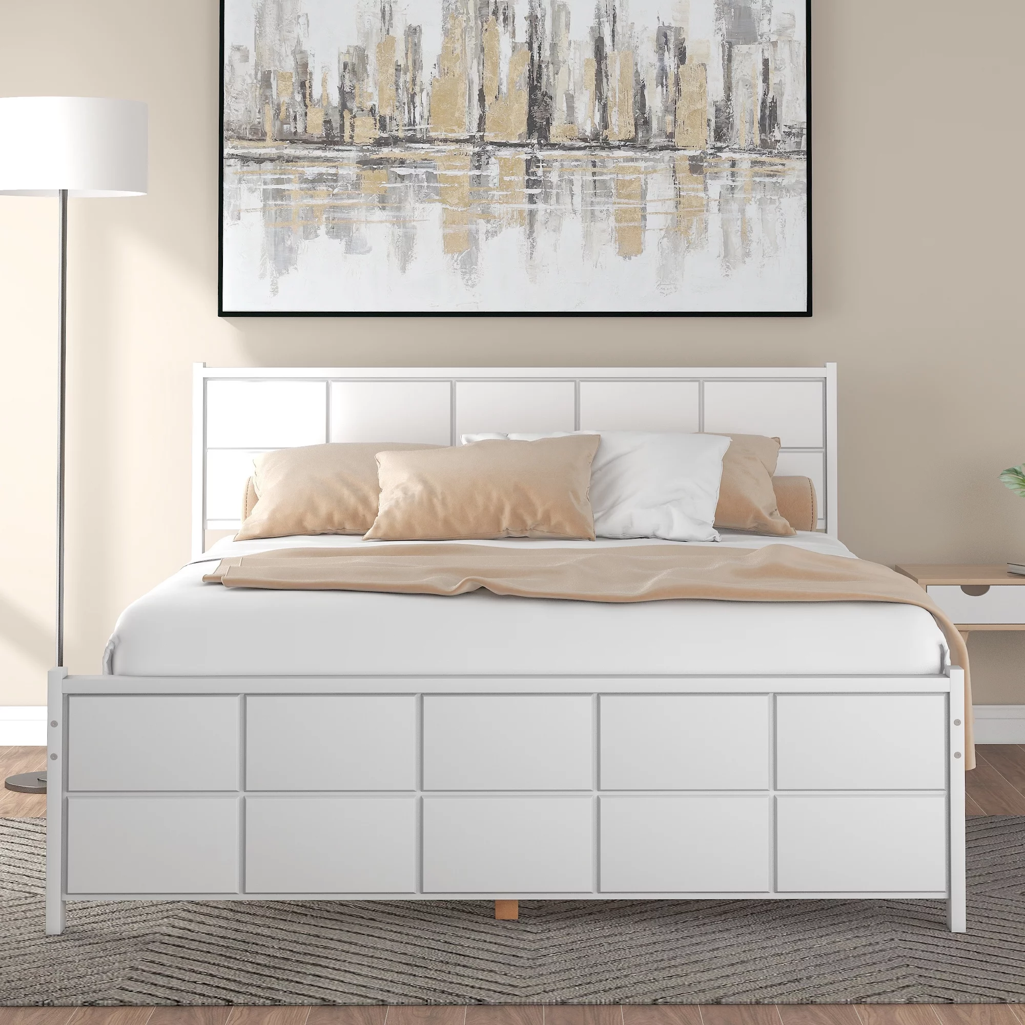 Euroco Queen Platform Bed Wood Frame with Headboard and Footboard, White