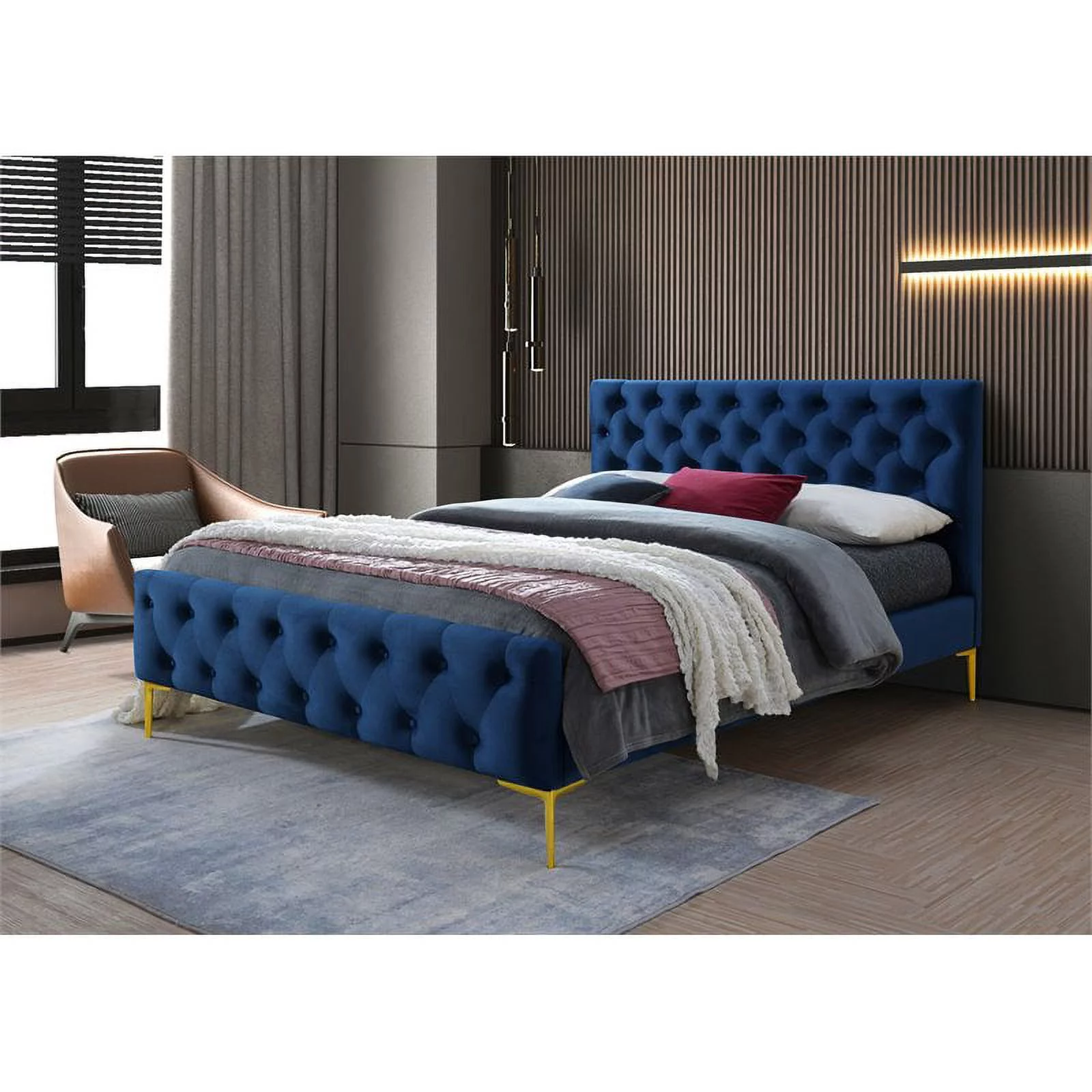 Omax Decor France Wood and Fabric Upholstered Queen Platform Bed in Blue