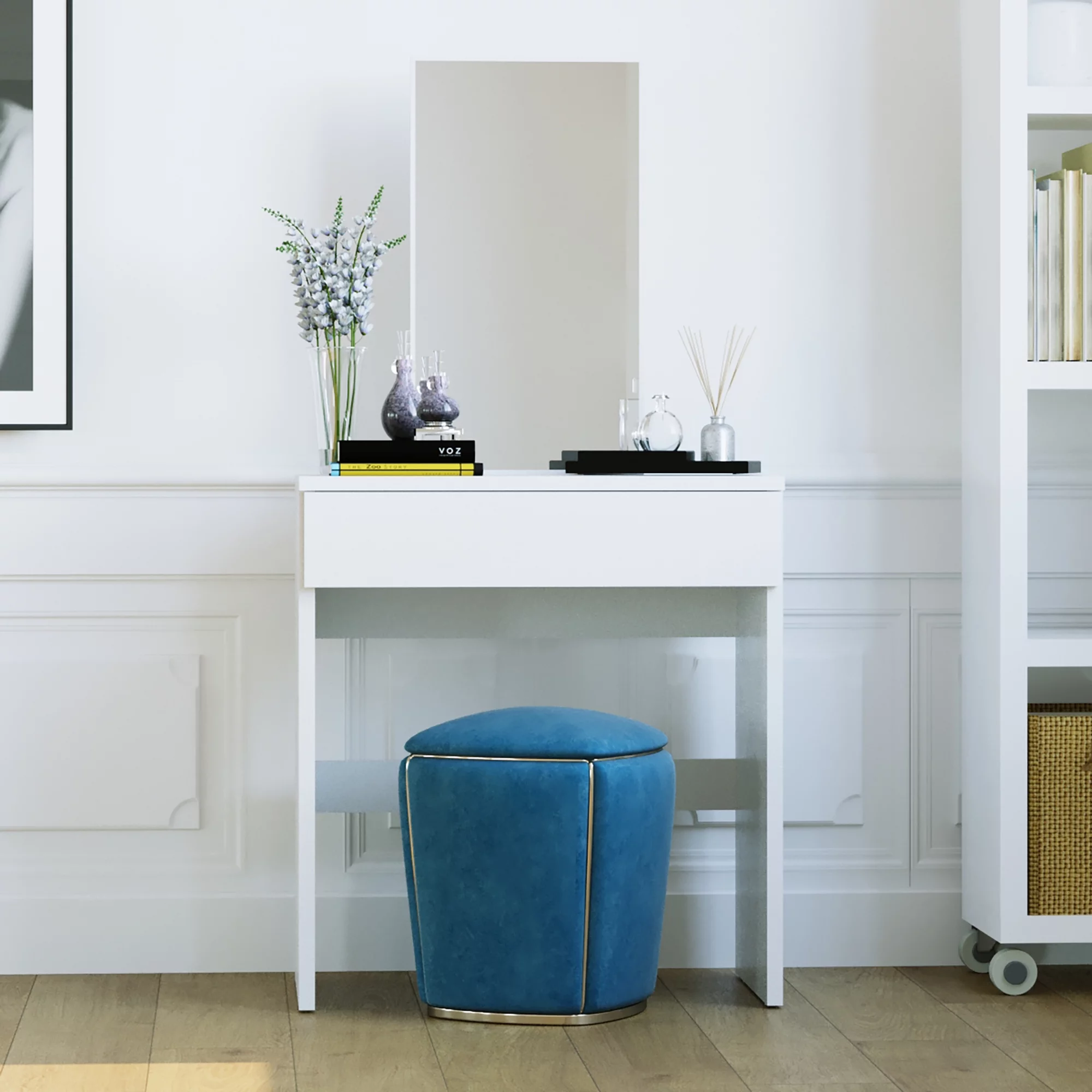 Ember Interiors Modern Vanity Table with Drawer, Basic Knob, White, for Bedroom