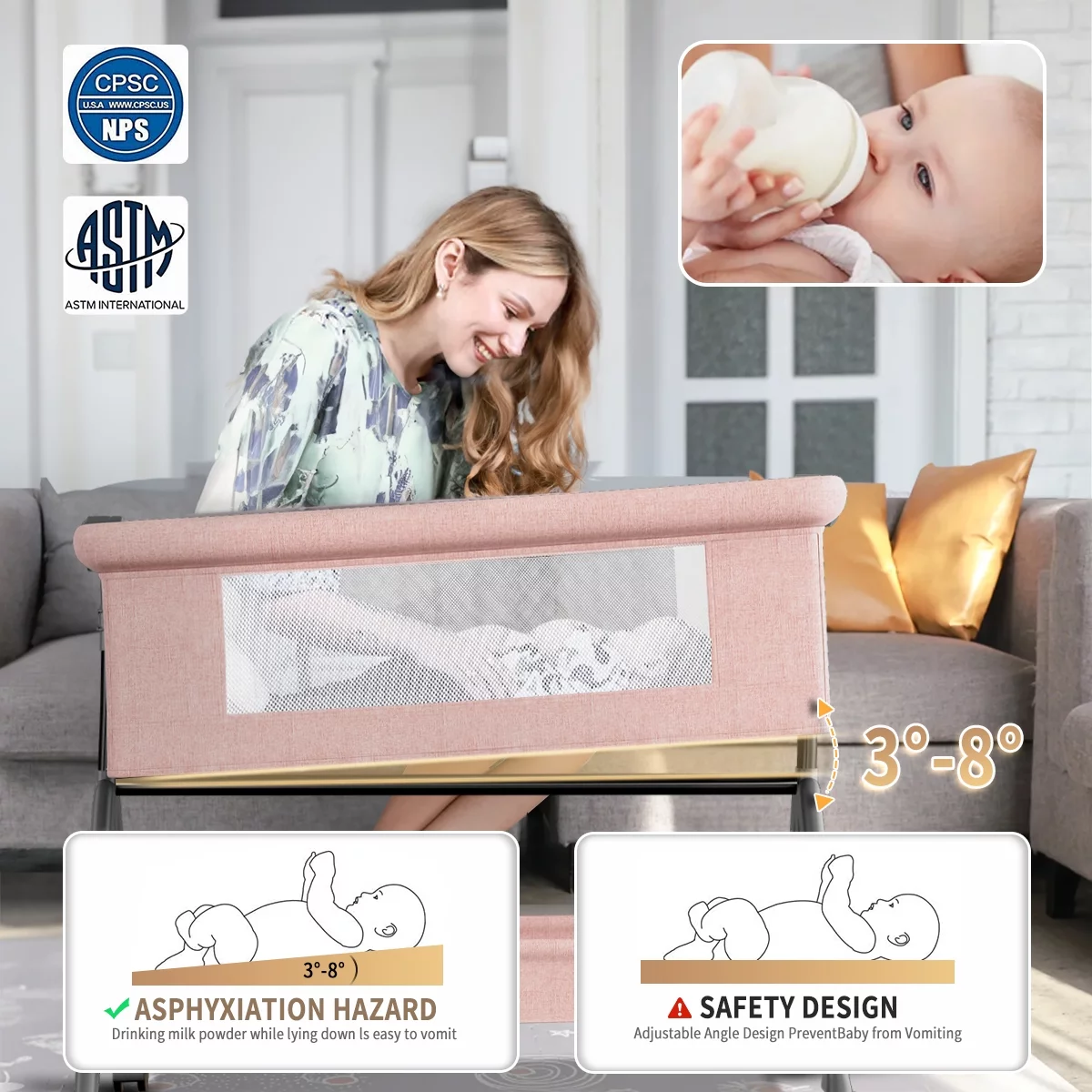 Baby Bassinet, Adjustable Baby Bedside Sleeper Bassinet with 360°Wheel, Baby Cradle for Infant,0-2 Months,Pink