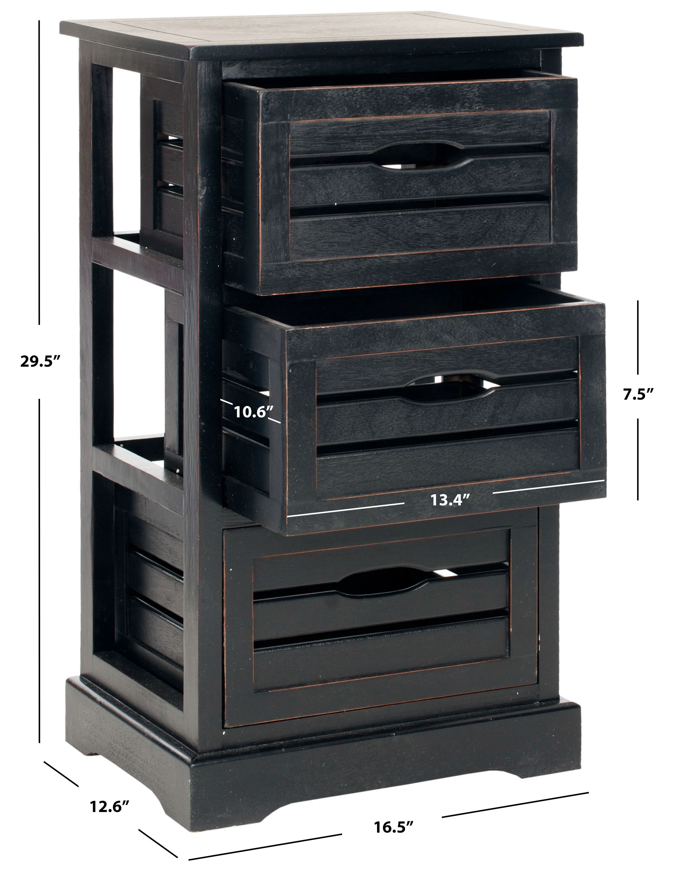 SAFAVIEH Samara Solid Rustic 3 Drawer Cabinet, Distressed Black (16.5 in. W x 12.6 in. D x 29.5 in. H)