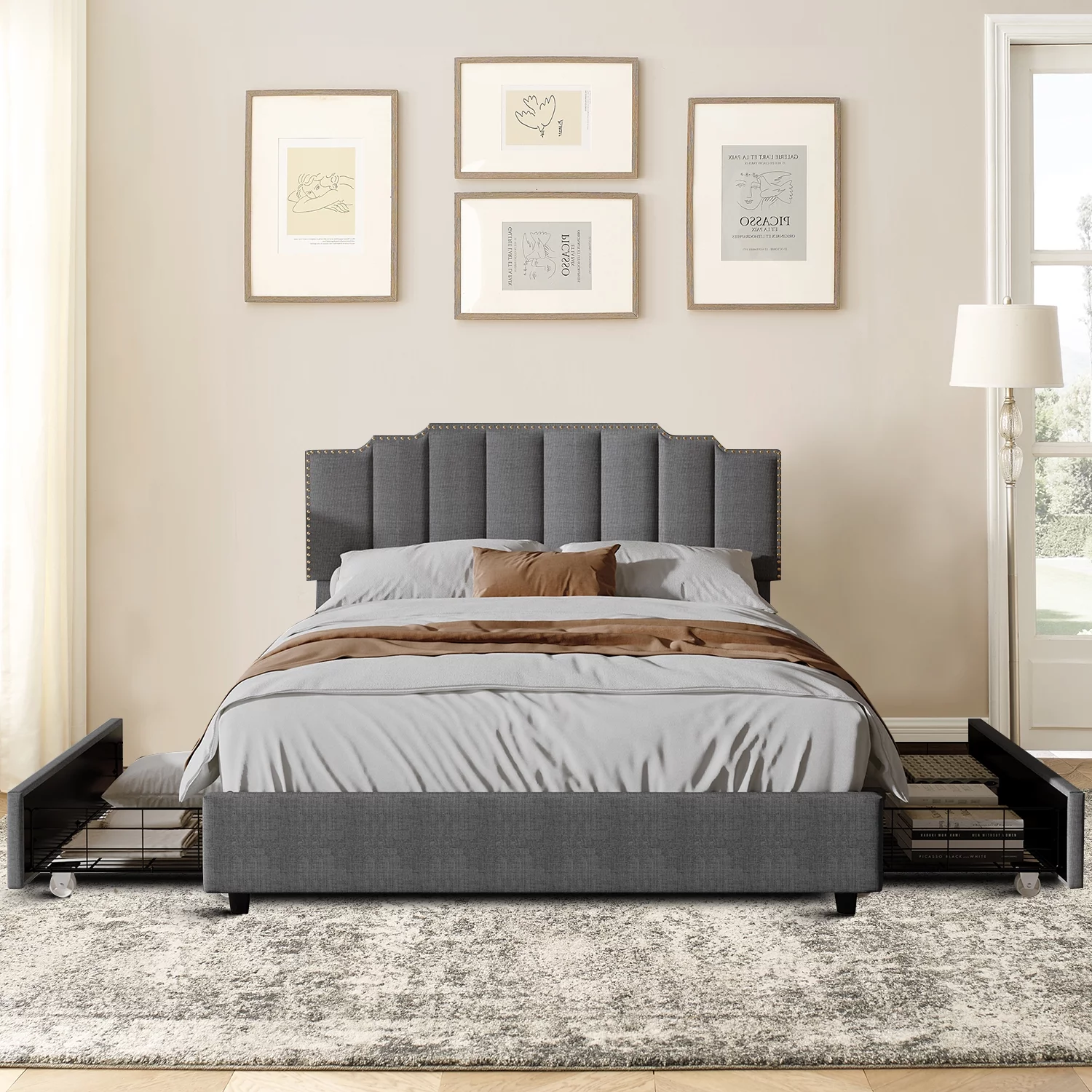 Classic and Elegant Queen Size Linen Fabric Upholstered Platform Bed with Rivets Design and Wooden Frame, Grey