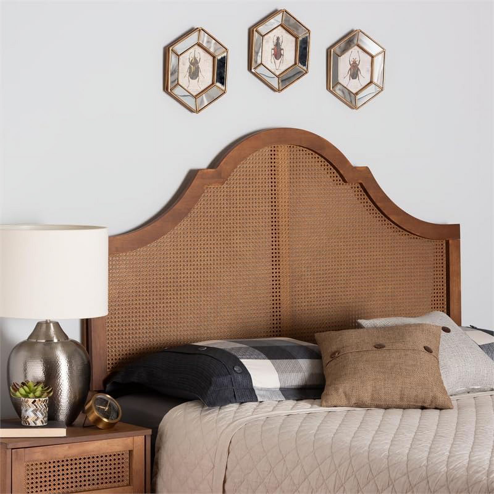 Ash Walnut Finished Wood Queen Size Headboard with Rattan