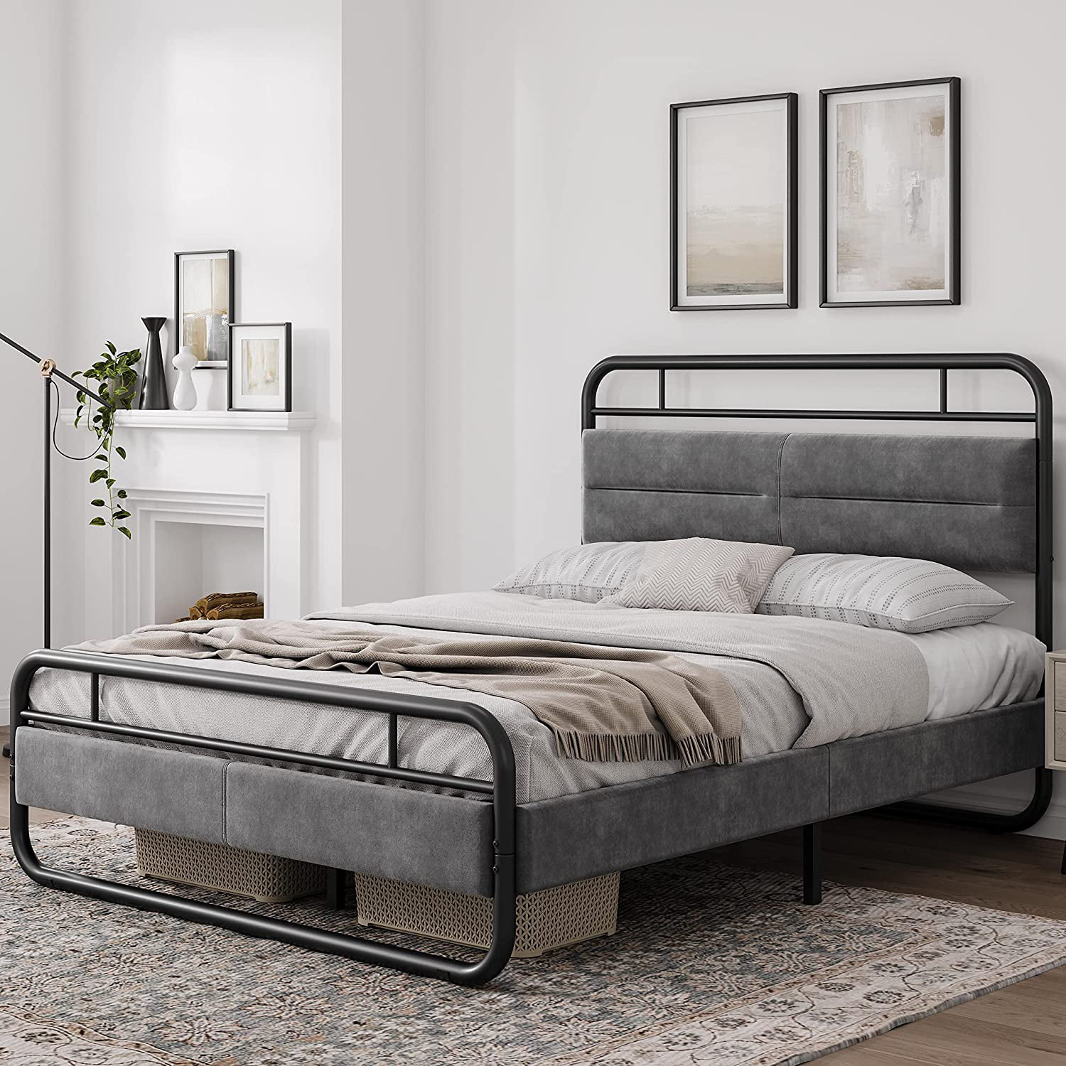 Queen Size Bed Frame, Heavy Duty Metal Platform Bed with Curved Upholstered Headboard, 8.7 Inch Under-Bed Storage/Steel Slat Support/Noise Free/No Box Spring Needed/Easy Assembly/Dark Grey