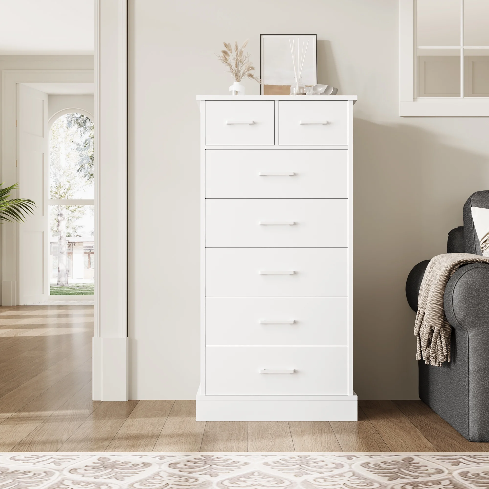 Homfa 7 Drawers White Dresser, Modern Vertical Combo Dresser Nightstand for Bedroom, Wood Chest of Drawers for Living Room