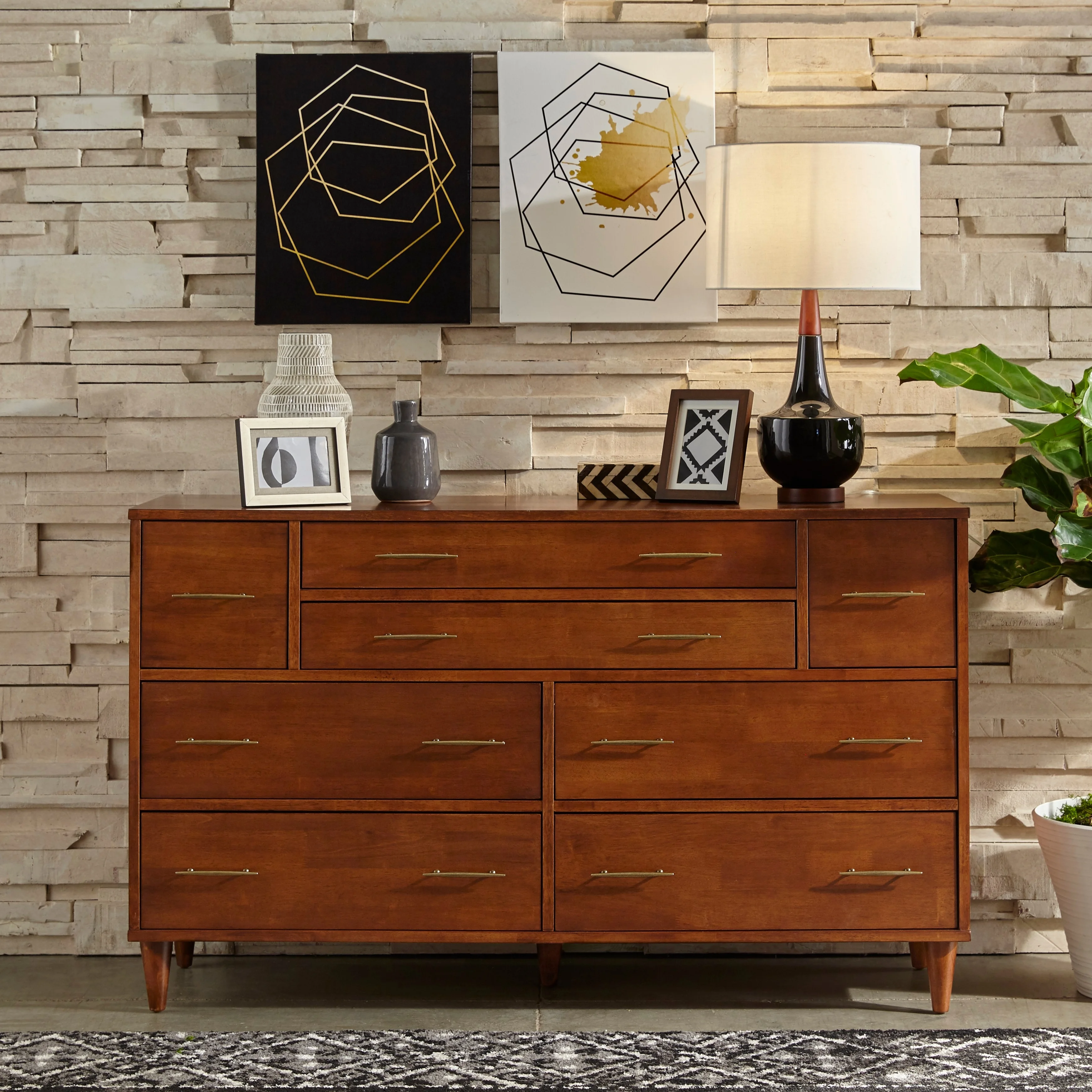 Lifestorey  Ana 8-Drawer Mid-Century Modern Dresser Oak Oak Finish Medium Wood