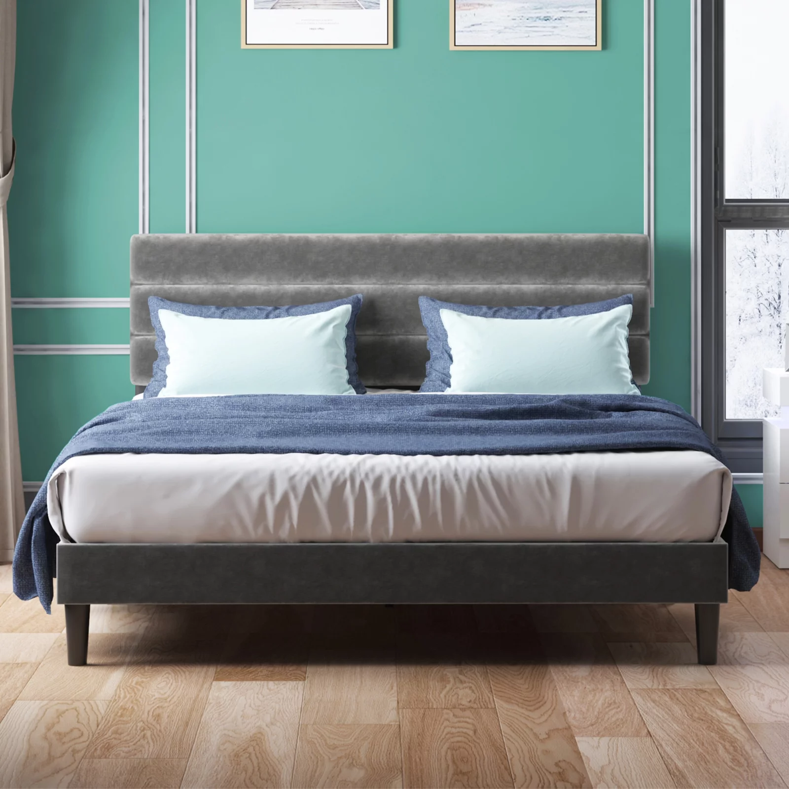 CECER King Size Platform Bed Frame with Adjustable Headboard, Upholstered Dutch Velvet Fabrics Bed Frame with Wood Slats-Dark Grey