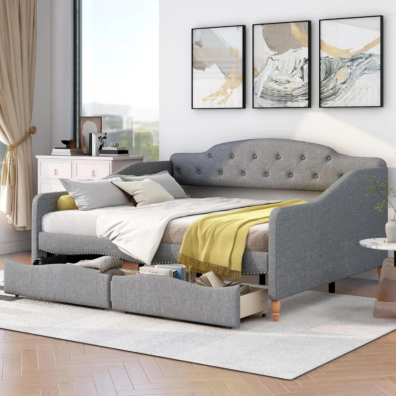 Upholstered Full Daybed With 2 Storage Drawers, Full Size Daybed Frame With Butto Tufted Backrest Ad Curved Armrests, Woode Full Sofa Bed For Livigroom Bedroom, Grey