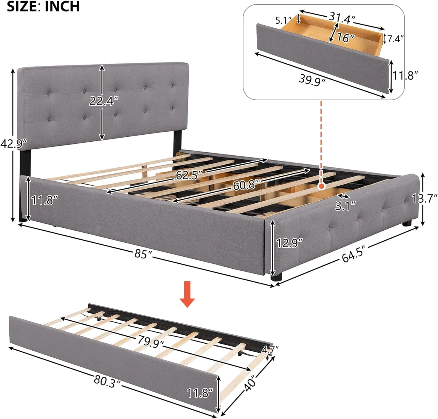 Queen Upholstered Platform Bed With 2 Storage Drawers And 1 XL Trundle, Linen Fabric, Wood Bed Frame (Queen Size, Light Gray)