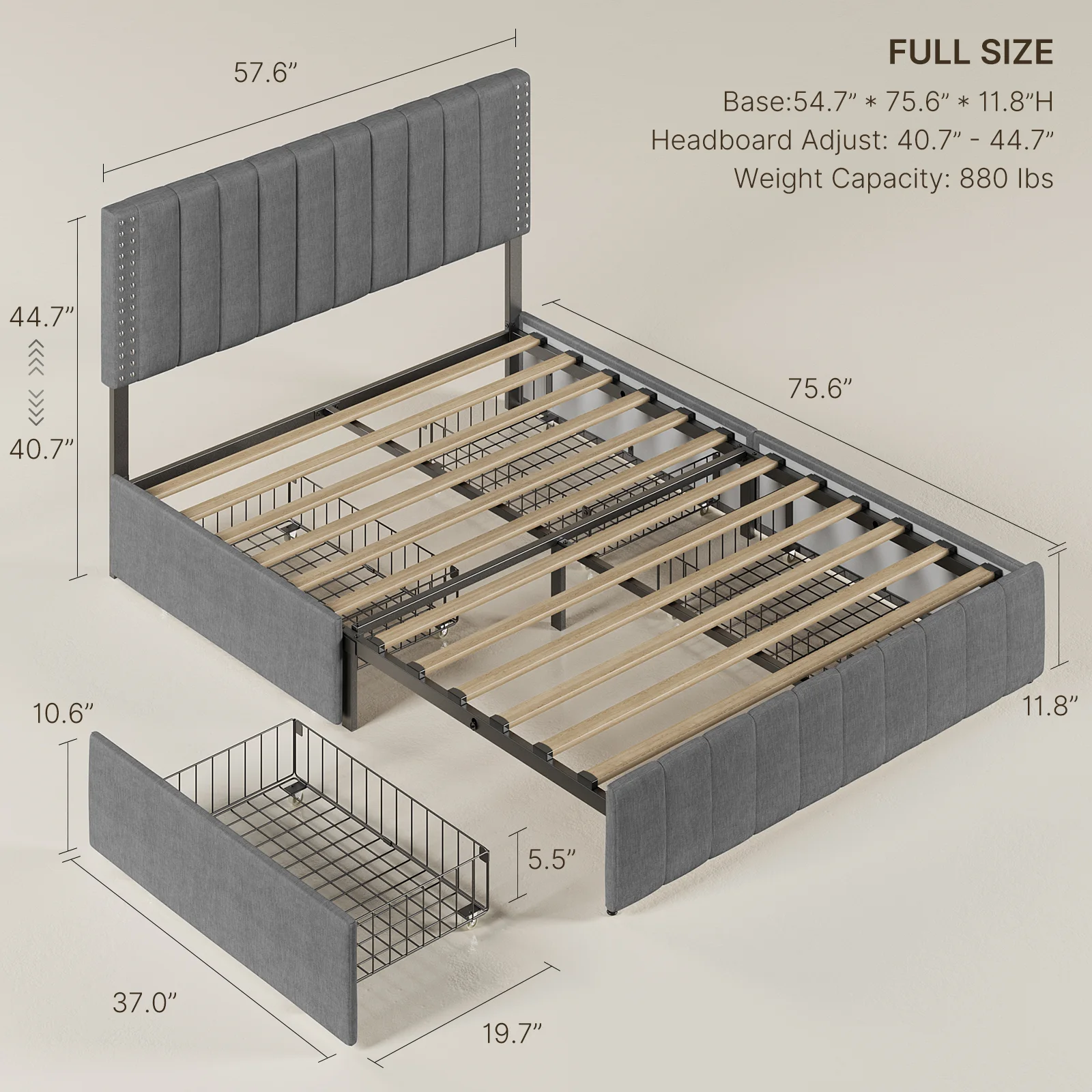 Bed Frame Full with 4 Storage Drawers for Bedroom, Light Grey