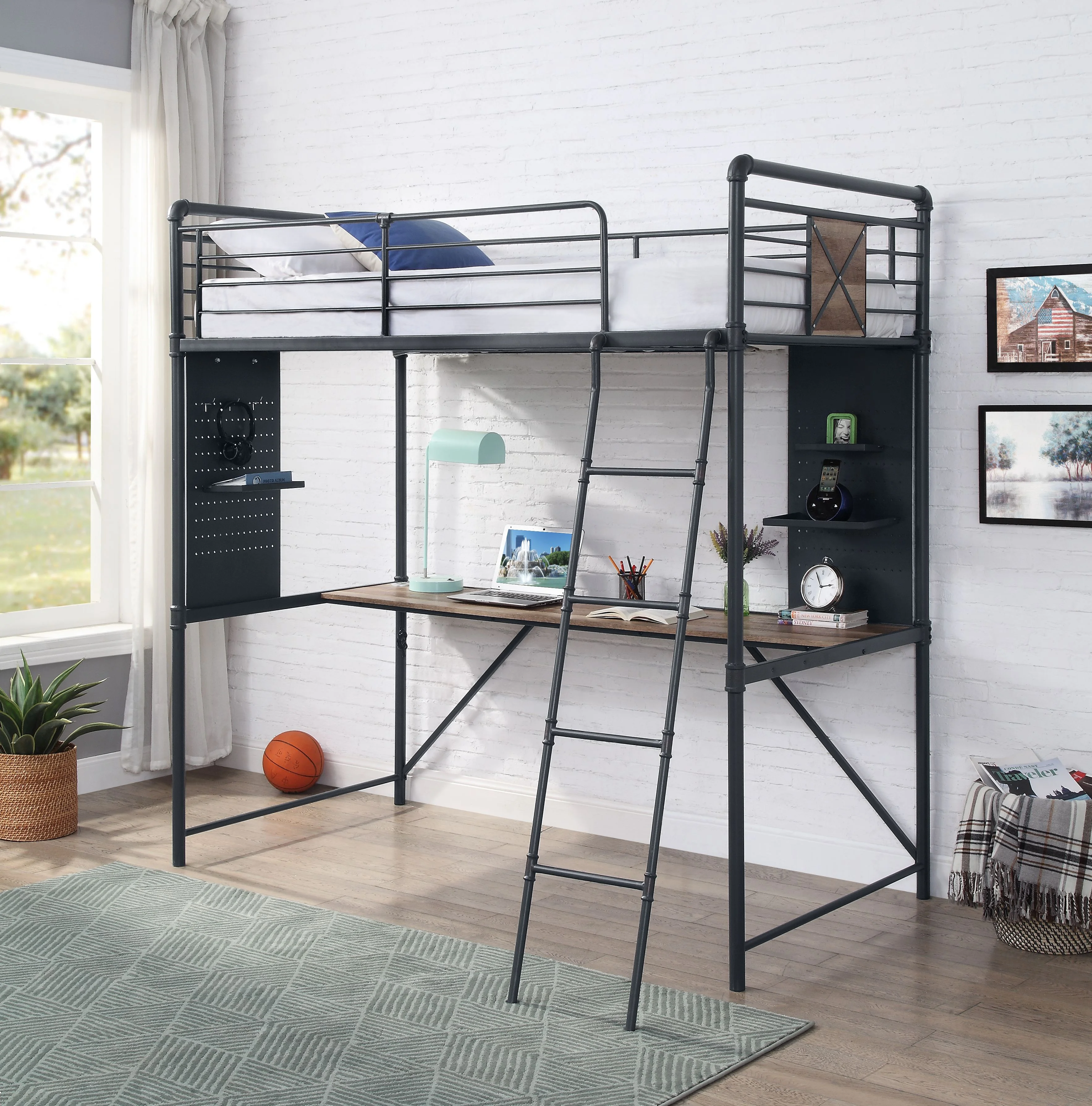 Miekor Furniture Cordelia Twin Loft Bed w/Desk in Antique Oak, Sandy Black & Dark Bronze Hand-Brushed Finish