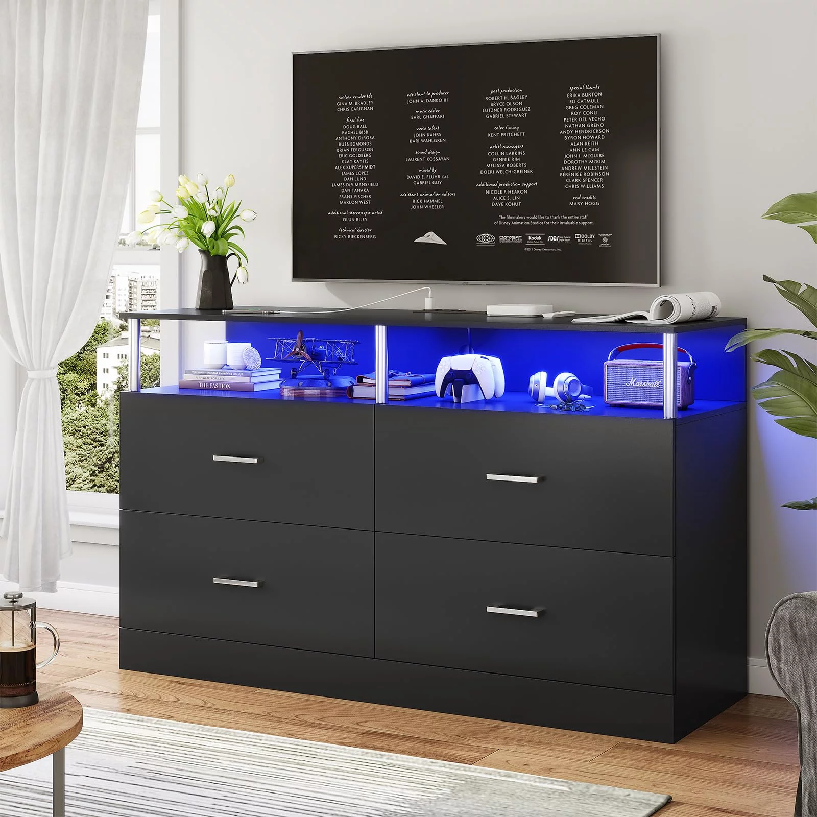 Mabor 4 Drawer Dresser for Bedroom with LED Lights&Charging Station, Modern Black Dresser Chest of Drawers for Living Room Closet