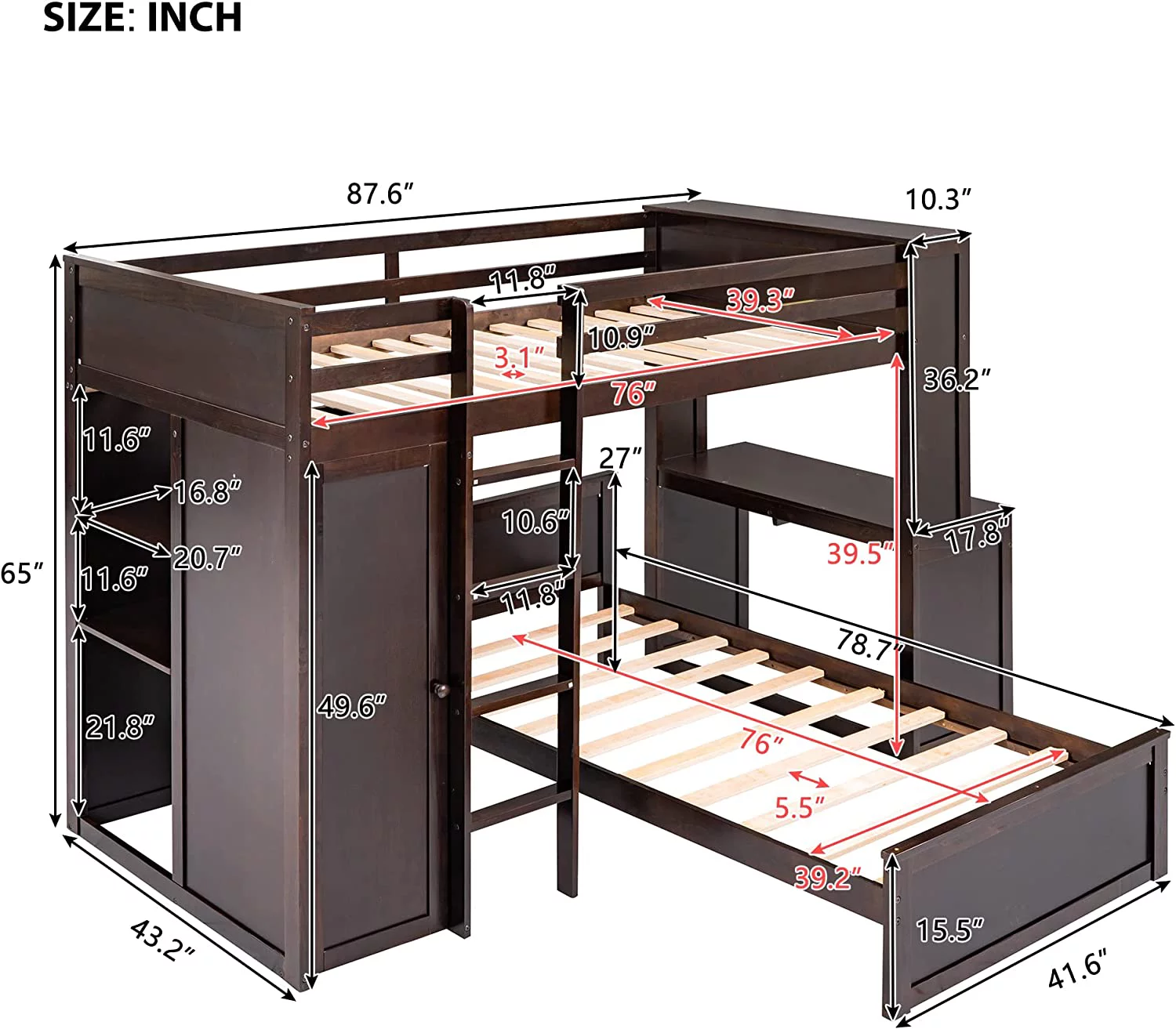 Over Bunk Beds With Desk And Drawers , Wooden Size Loft Bed With Removable Bed , Wardrobe And Shelves , Storage Bunk Bed With Ladder & Guardrails For Kids Girls Boys , Espresso